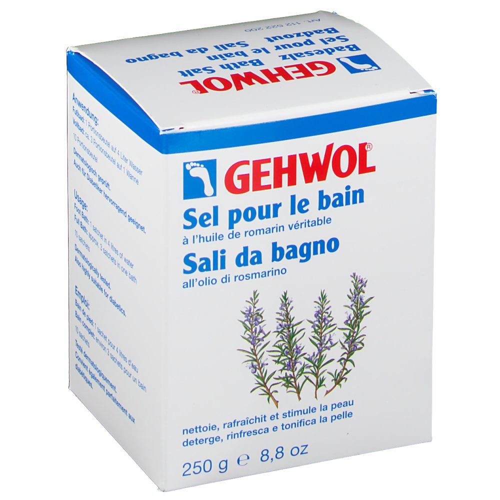 Vue en biais de l'emballage. Inscription GEHWOL Sel pour le bain, Sal da bagno. Illustration de brins de romarin. 250g.