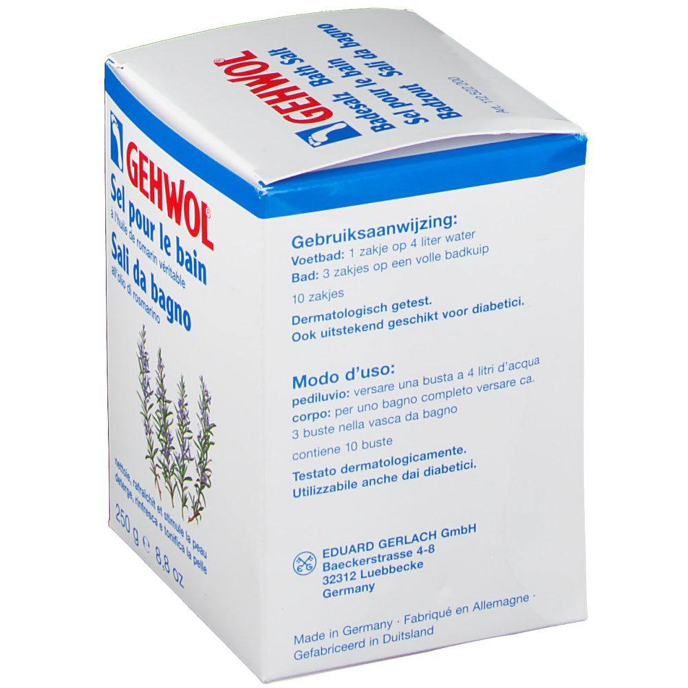Vue en biais de l'emballage. Texte sur l'utilisation et les ingrédients. 10 sachets. Convient aux diabétiques.