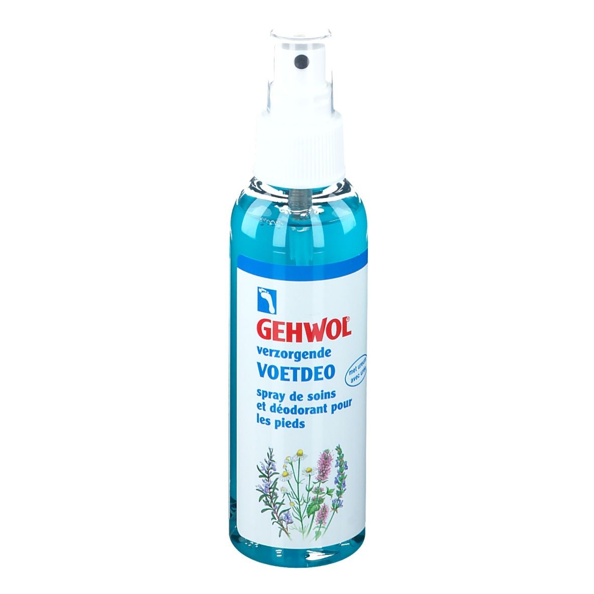 Spray pour les pieds Gehwol. Liquide bleu dans un flacon pulvérisateur. Inscription : VOETDEO, spray de soins et déodorant pour les pieds. Illustration d'herbes.