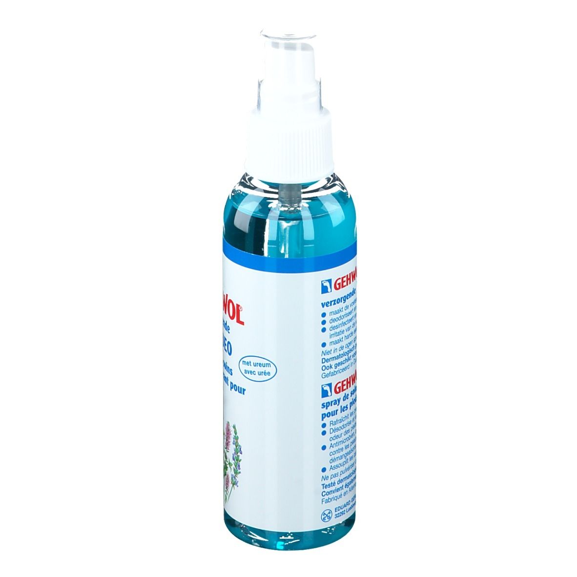 Spray pour les pieds Gehwol. Liquide bleu en flacon pulvérisateur. Inscription : VOETDEO. Vue latérale. Illustration d'herbes. Bouchon blanc.