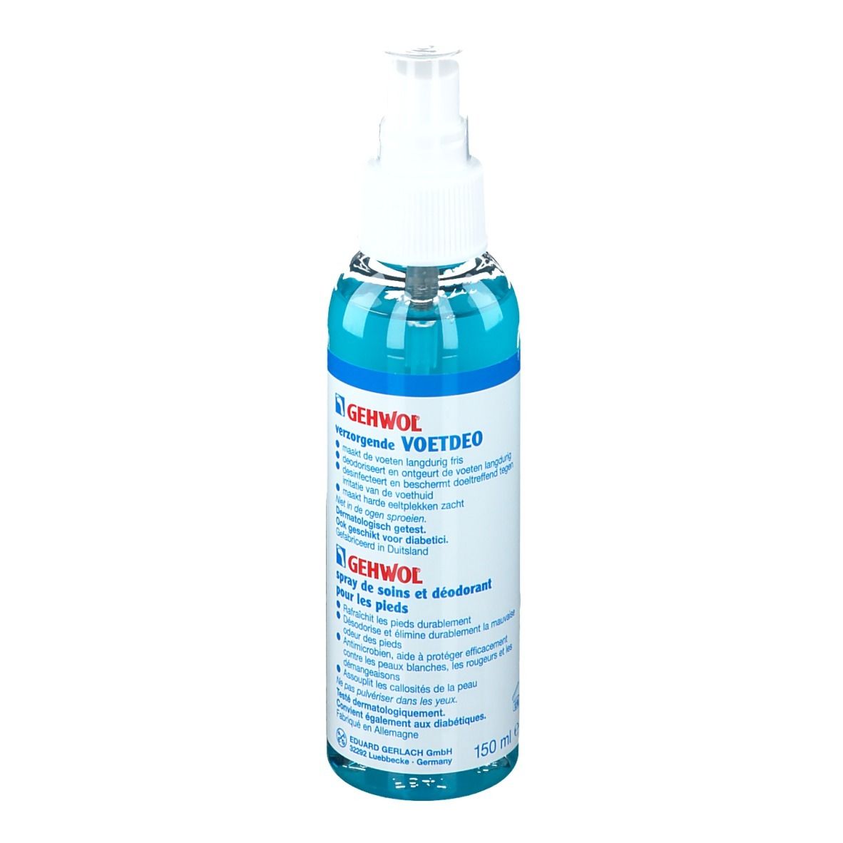 Spray pour les pieds Gehwol. Liquide bleu en flacon pulvérisateur. Inscription : VOETDEO. 150 ml. Vue latérale. Bouchon blanc.