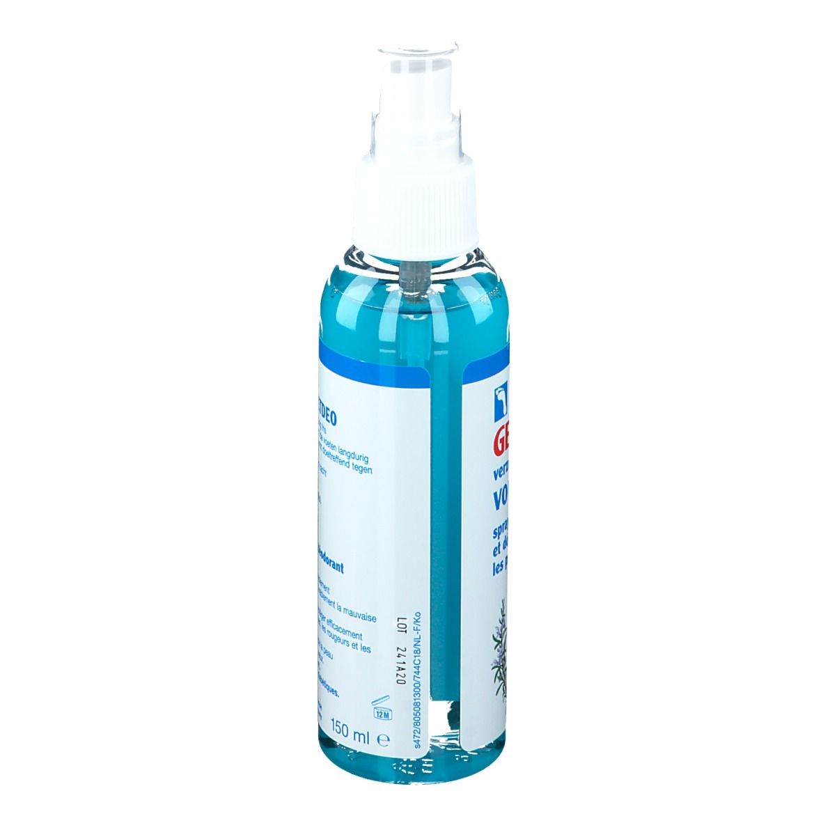 Spray pour les pieds Gehwol. Liquide bleu en flacon pulvérisateur. Inscription : VOETDEO. 150 ml. Vue latérale. Bouchon blanc. Flocon de neige.