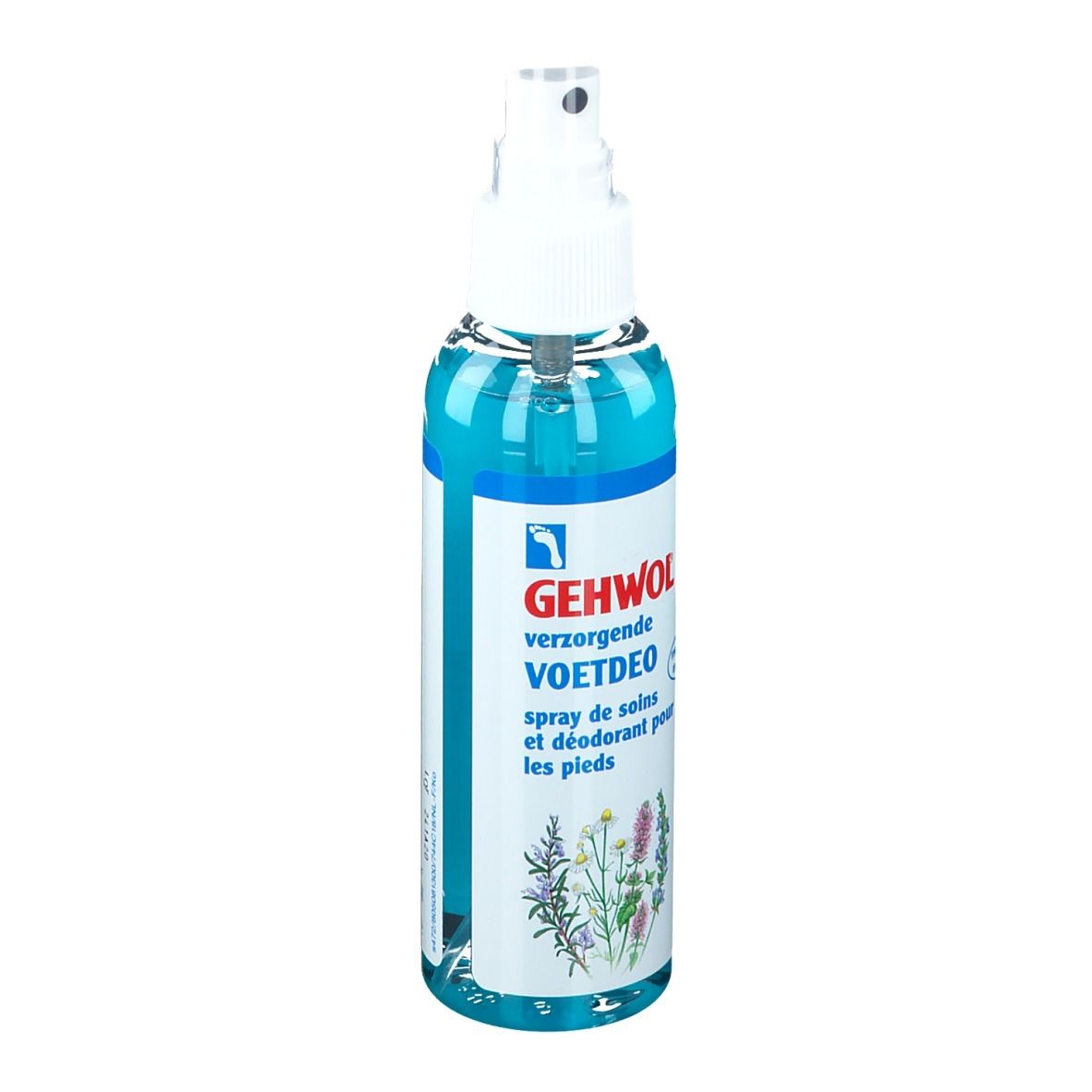 Spray pour les pieds Gehwol. Liquide bleu dans un flacon pulvérisateur. Inscription : VOETDEO, spray de soins et déodorant pour les pieds. Illustration d'herbes.