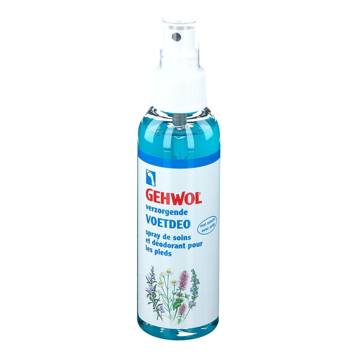 Spray pour les pieds Gehwol. Liquide bleu dans un flacon pulvérisateur. Inscription : VOETDEO, spray de soins et déodorant pour les pieds. Illustration d'herbes.