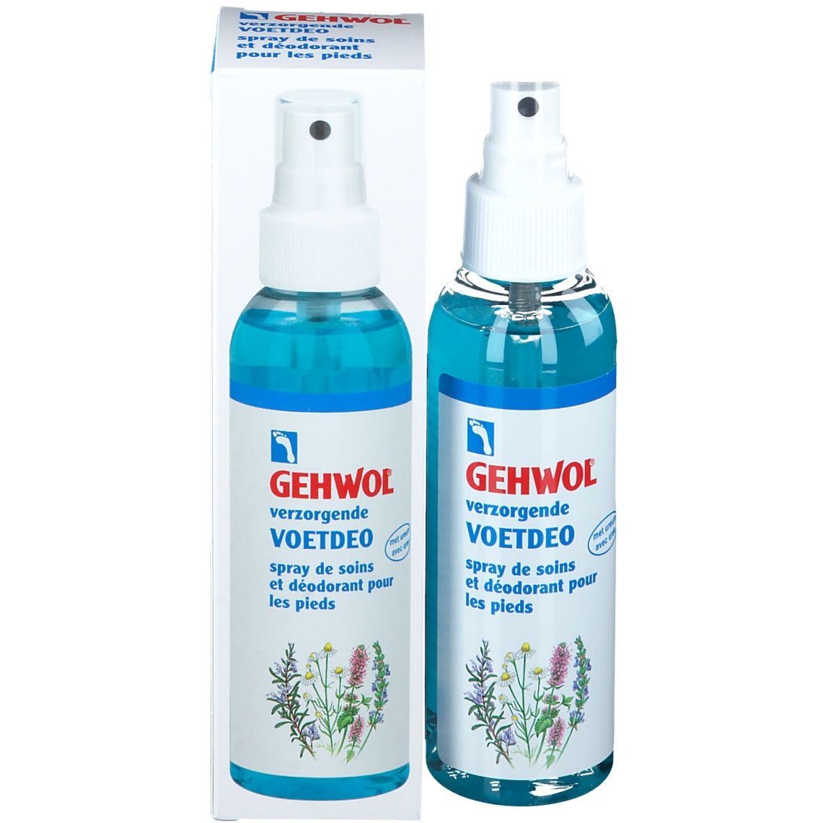 Spray pour les pieds Gehwol et emballage. Deux flacons pulvérisateurs de liquide bleu. Inscription : VOETDEO, spray de soins et déodorant pour les pieds.