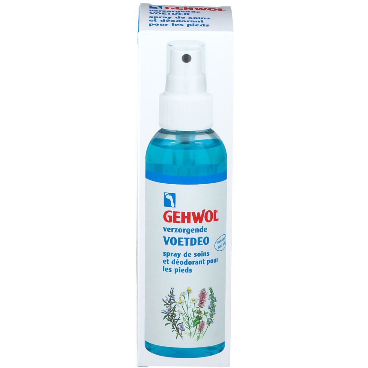 Spray pour les pieds Gehwol et emballage. Un flacon pulvérisateur de liquide bleu. Inscription : VOETDEO, spray de soins et déodorant pour les pieds.