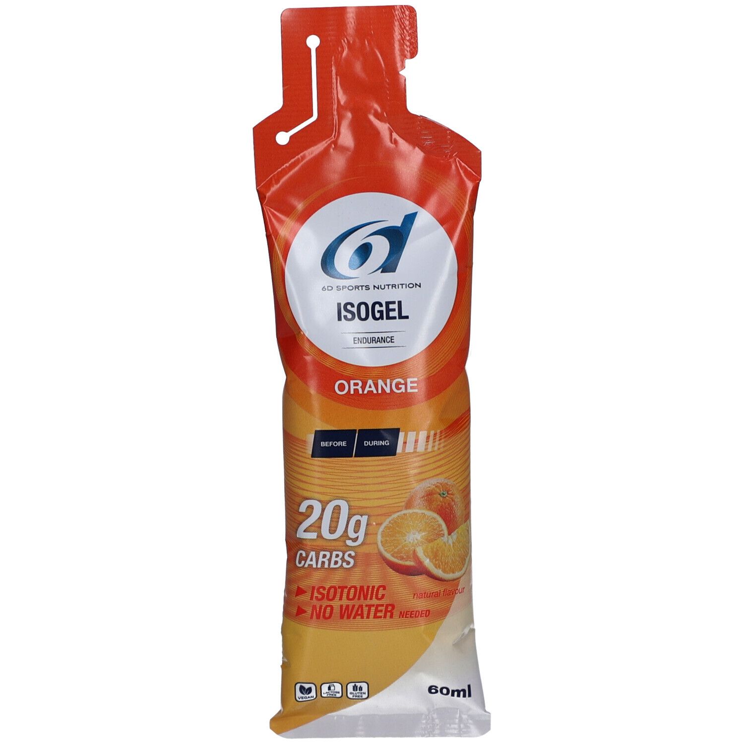 Oranje gelverpakking met wit logo en tekst. Bevat 20g koolhydraten. Isotoon. Zonder water. Met afbeelding van sinaasappels.
