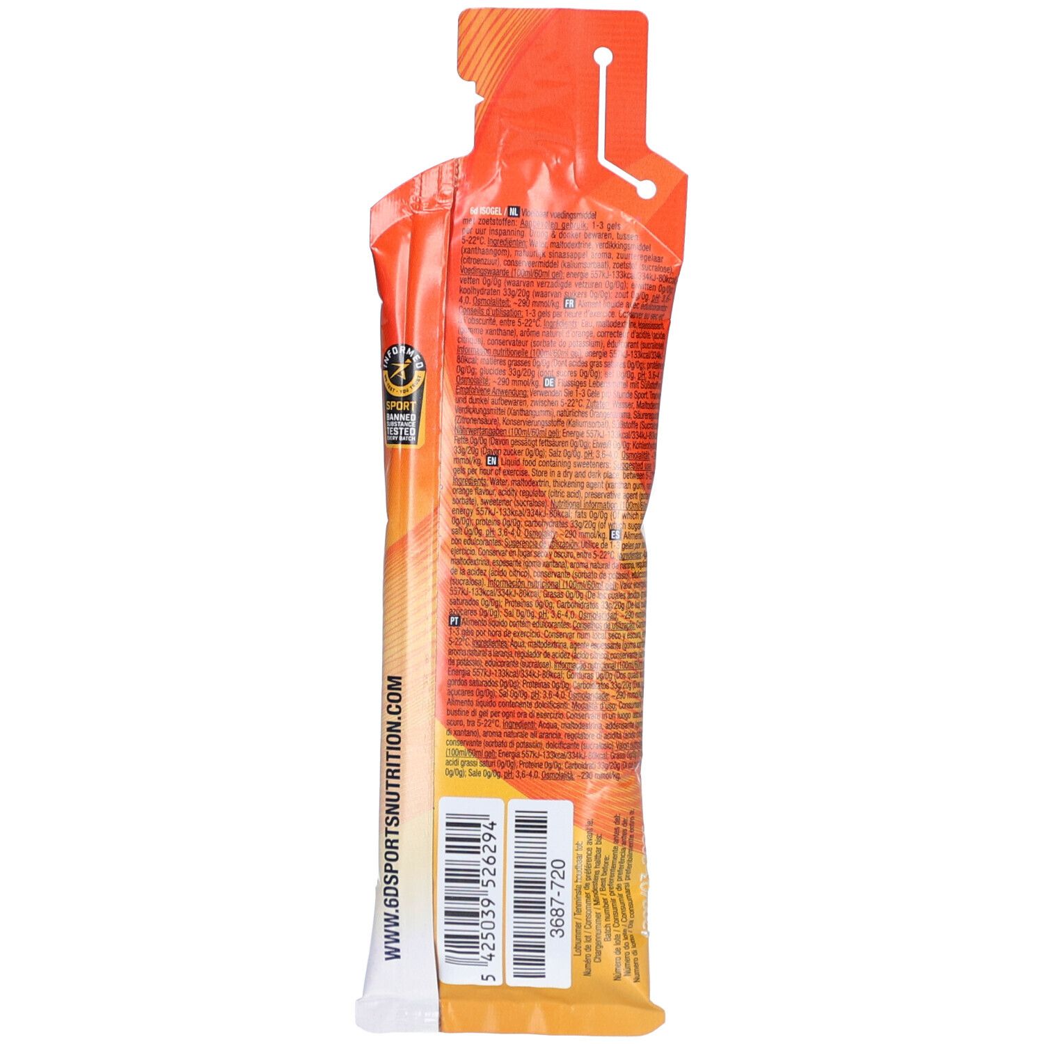 Achterkant van een oranje gelverpakking. Bevat tekst en barcode. Met logo en websiteadres.