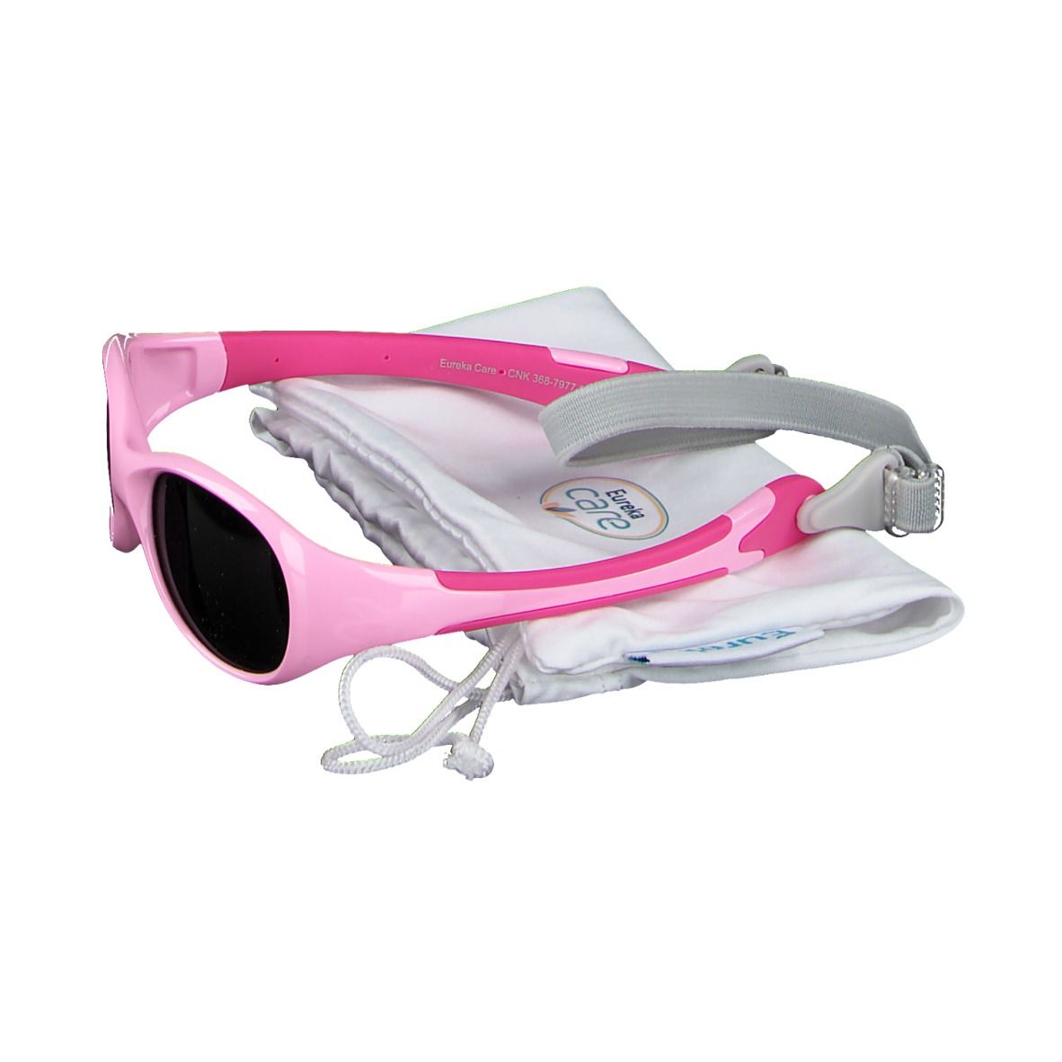 Lunettes de soleil roses pour enfants avec verres noirs, bandeau et pochette. Marque : Eureka Care.