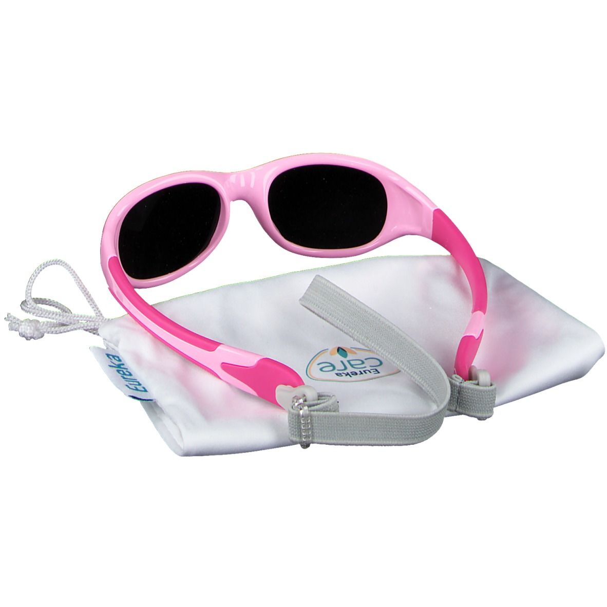 Lunettes de soleil roses pour enfants avec verres noirs, bandeau et pochette. Marque : Eureka Care.