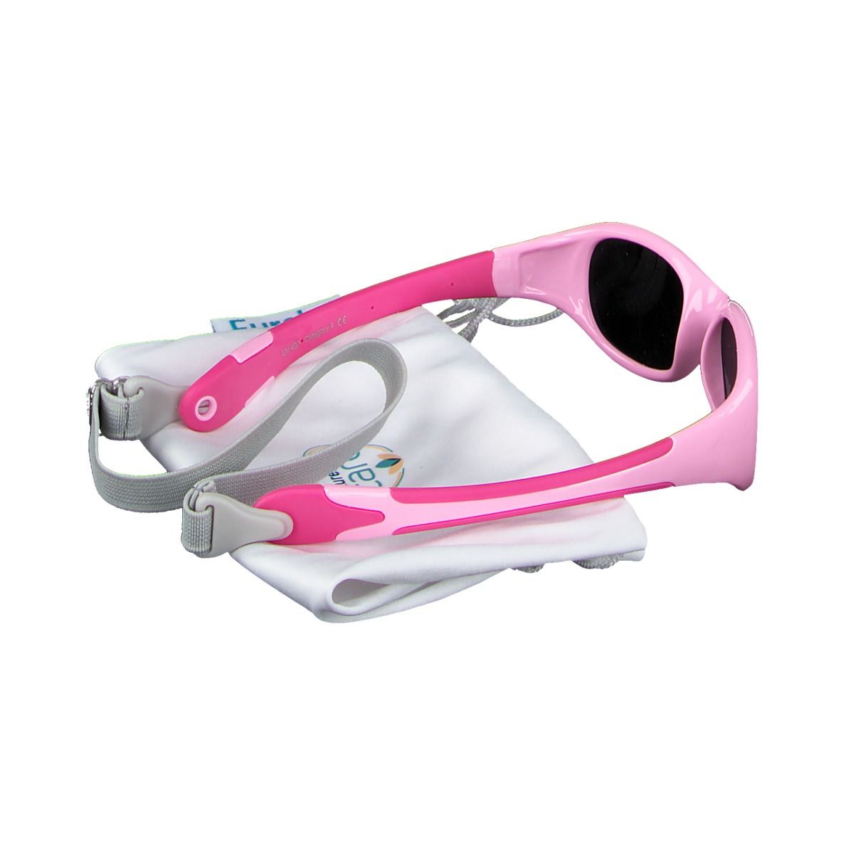 Lunettes de soleil roses pour enfants avec verres noirs, bandeau et pochette. Marque : Eureka Care.