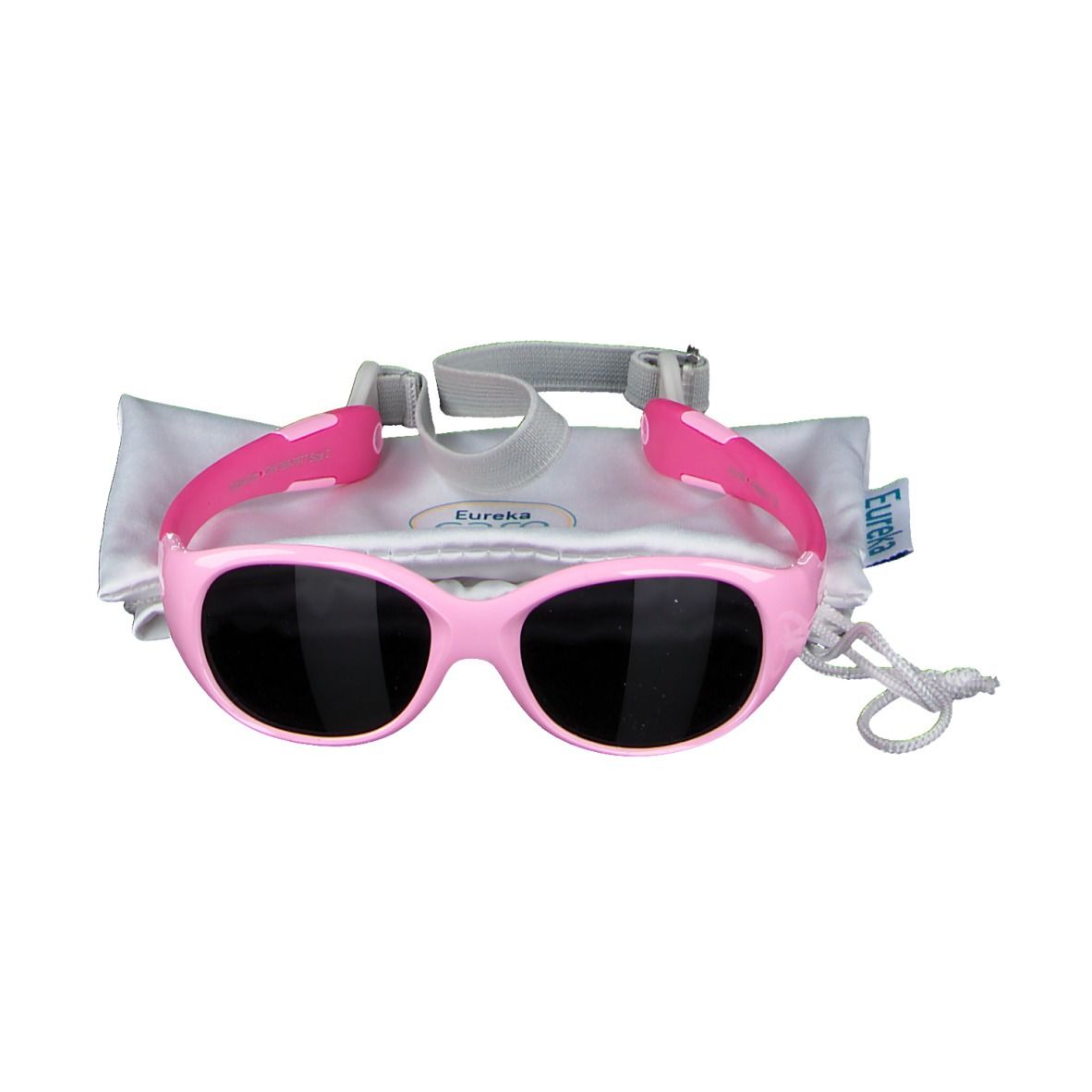Lunettes de soleil roses pour enfants avec verres noirs, bandeau et pochette. Marque : Eureka Care.