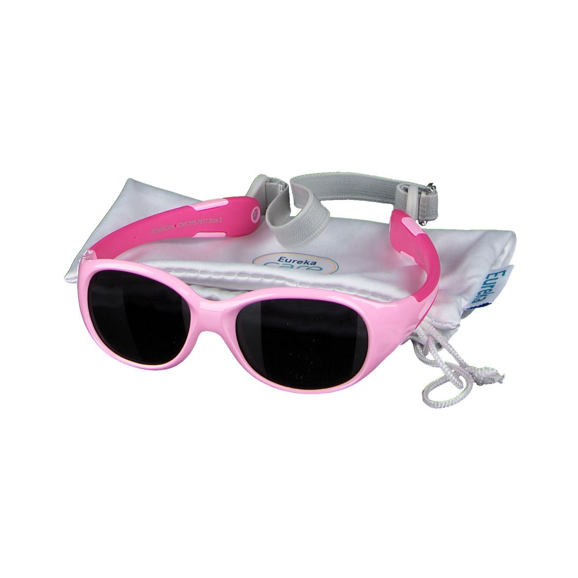 Lunettes de soleil roses pour enfants avec verres noirs, bandeau et pochette. Marque : Eureka Care.