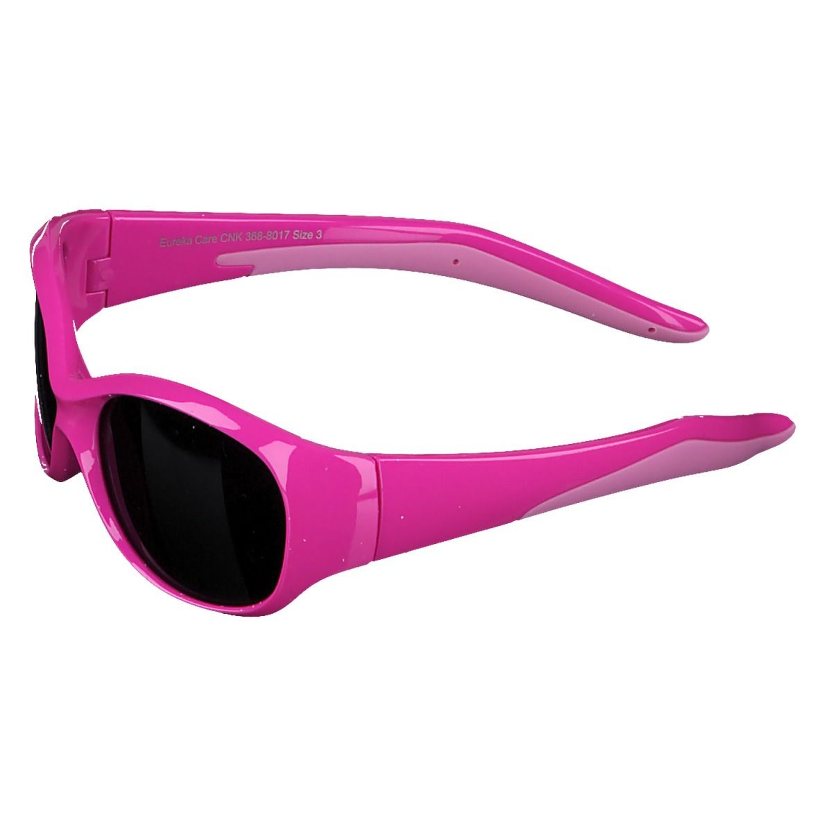 Rosa-rote Sonnenbrille, Seitenansicht. Schwarze Gläser, breiter Rahmen, gebogene Bügel.