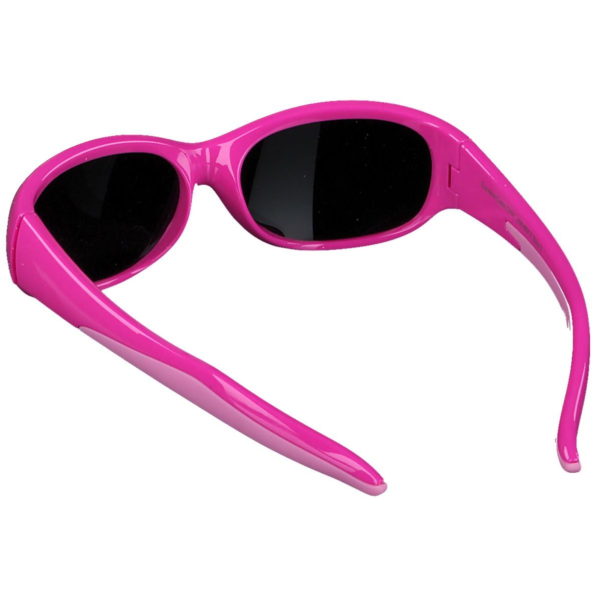 Rosa-rote Sonnenbrille, leicht von oben. Schwarze Gläser, breiter Rahmen, gebogene Bügel.