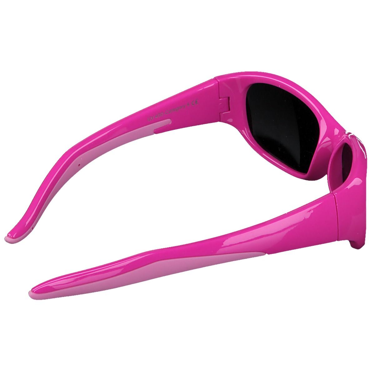 Rosa-rote Sonnenbrille, Seitenansicht. Schwarze Gläser, breiter Rahmen, gebogene Bügel.