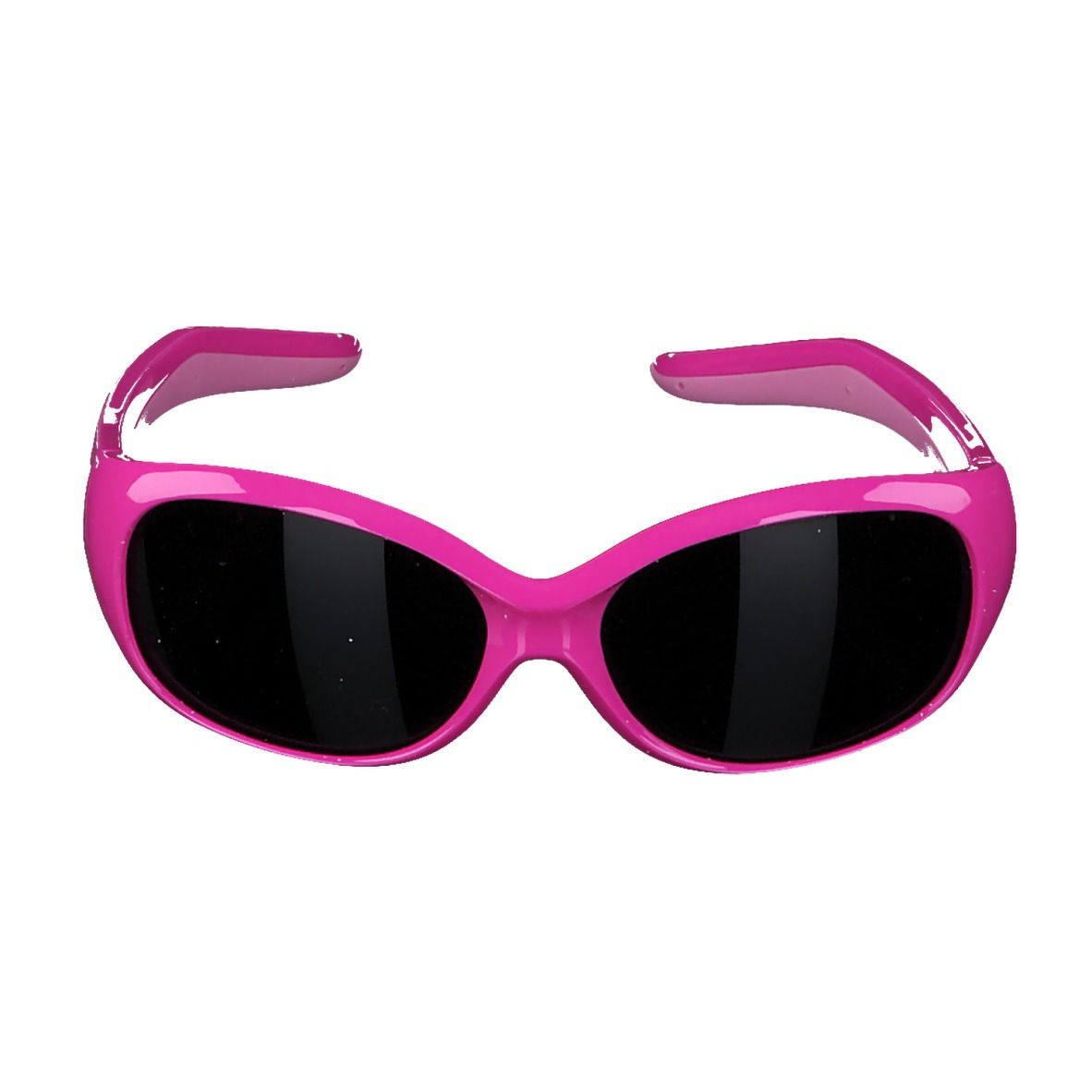 Rosa-rote Sonnenbrille für Kleinkinder. Schwarze Gläser, breiter Rahmen, gebogene Bügel.