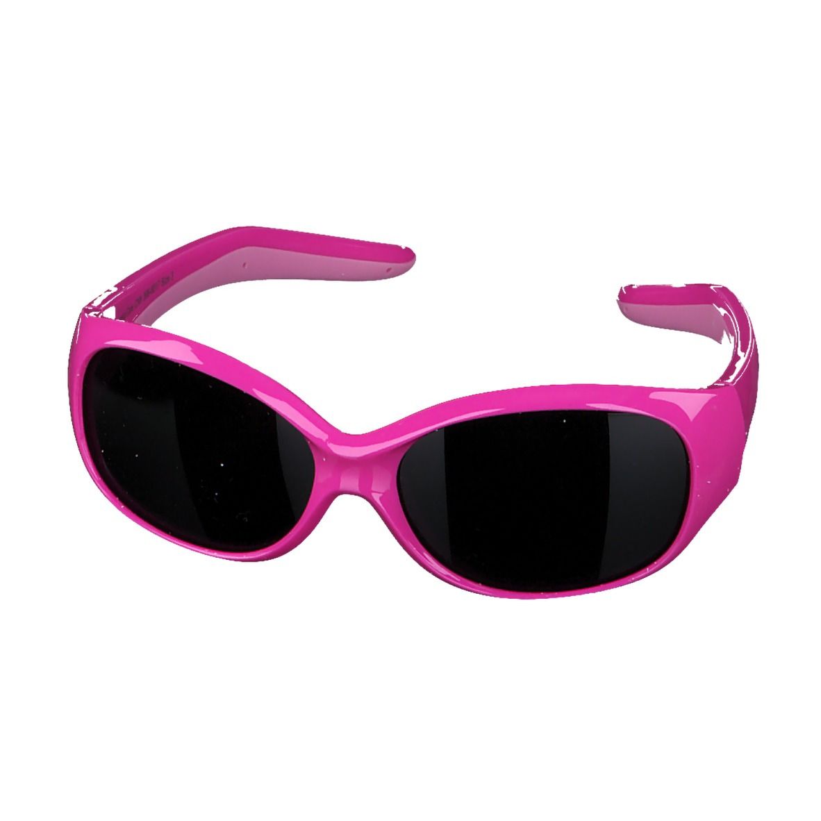 Rosa-rote Sonnenbrille für Kleinkinder. Schwarze Gläser, breiter Rahmen, gebogene Bügel.