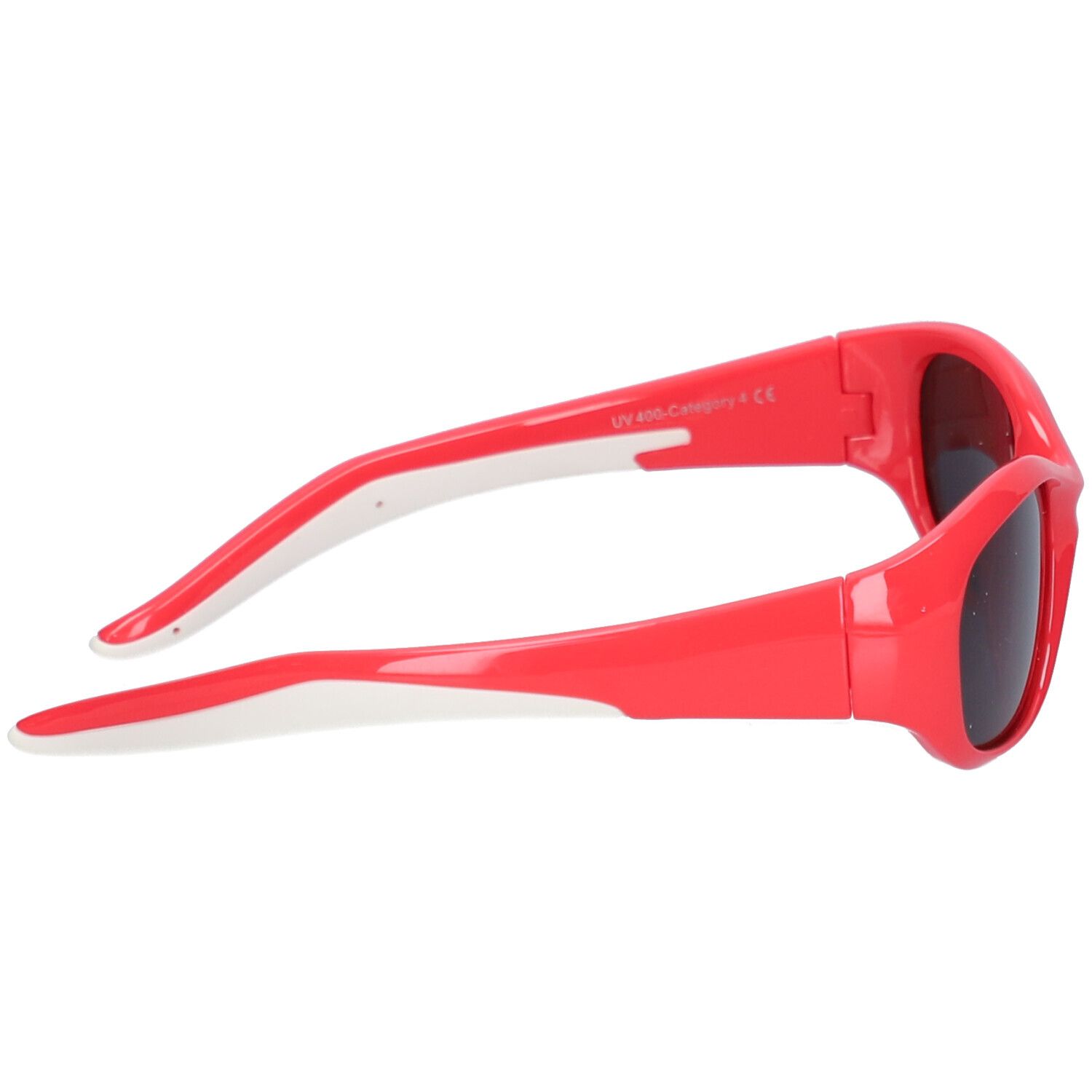 Rote Sonnenbrille, Seitenansicht. Weiße Innenseite der Bügel. Text: UV 400. Geeignet für Kinder.