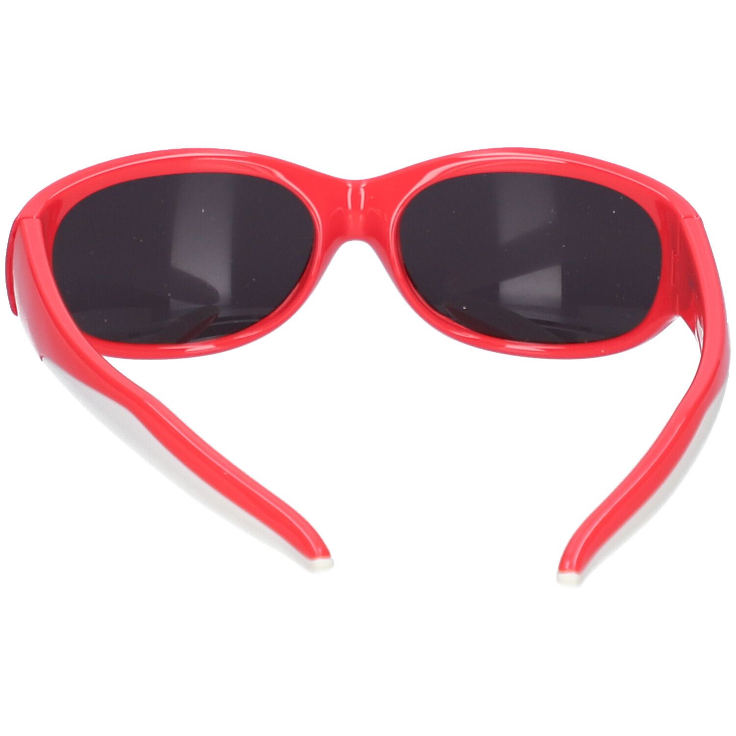 Rote Sonnenbrille mit dunklen Gläsern. Weiße Bügel. Geeignet für Kinder.