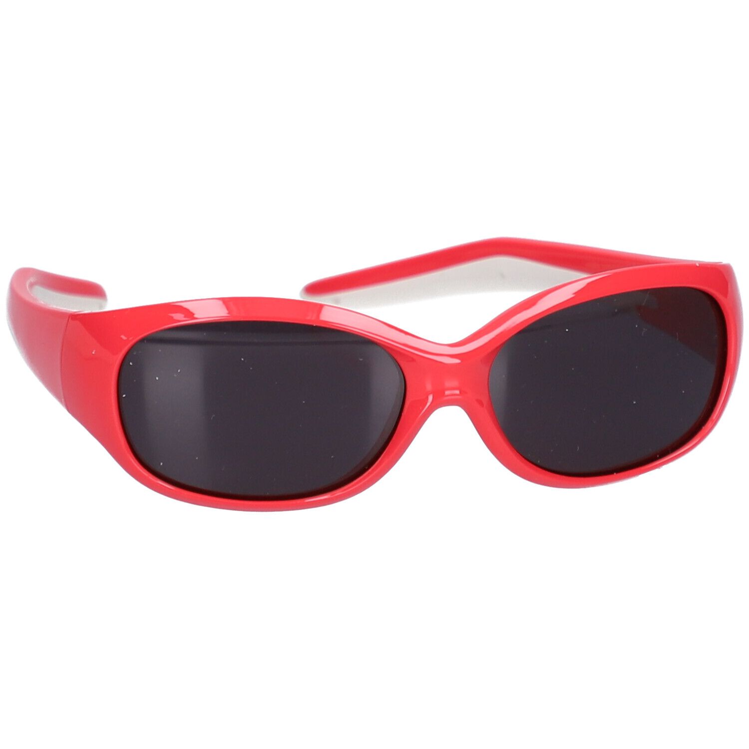 Rote Sonnenbrille mit dunklen Gläsern. Weiße Bügel. Geeignet für Kinder.