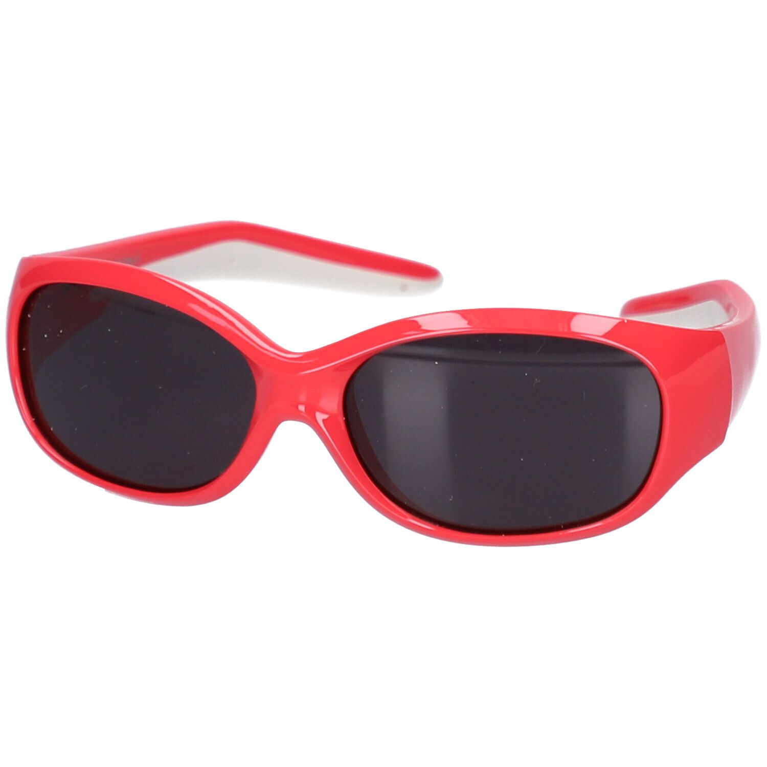 Rote Sonnenbrille mit dunklen Gläsern. Weiße Bügel. Geeignet für Kinder.