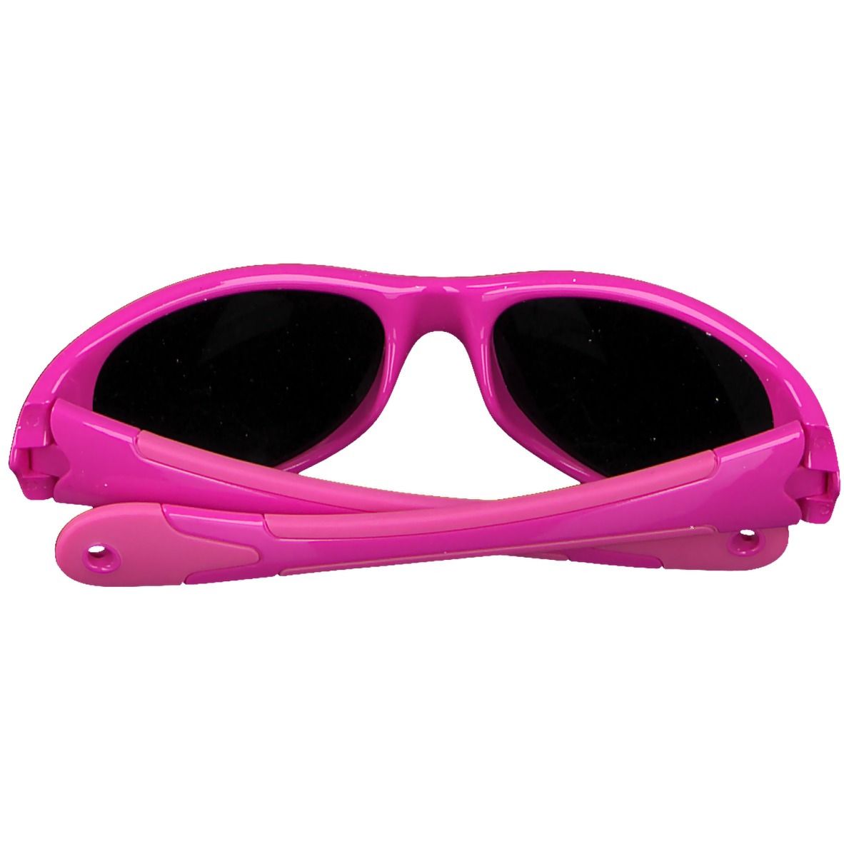 Lunettes de soleil fuchsia pliées. Branches et charnières visibles. Verres foncés.