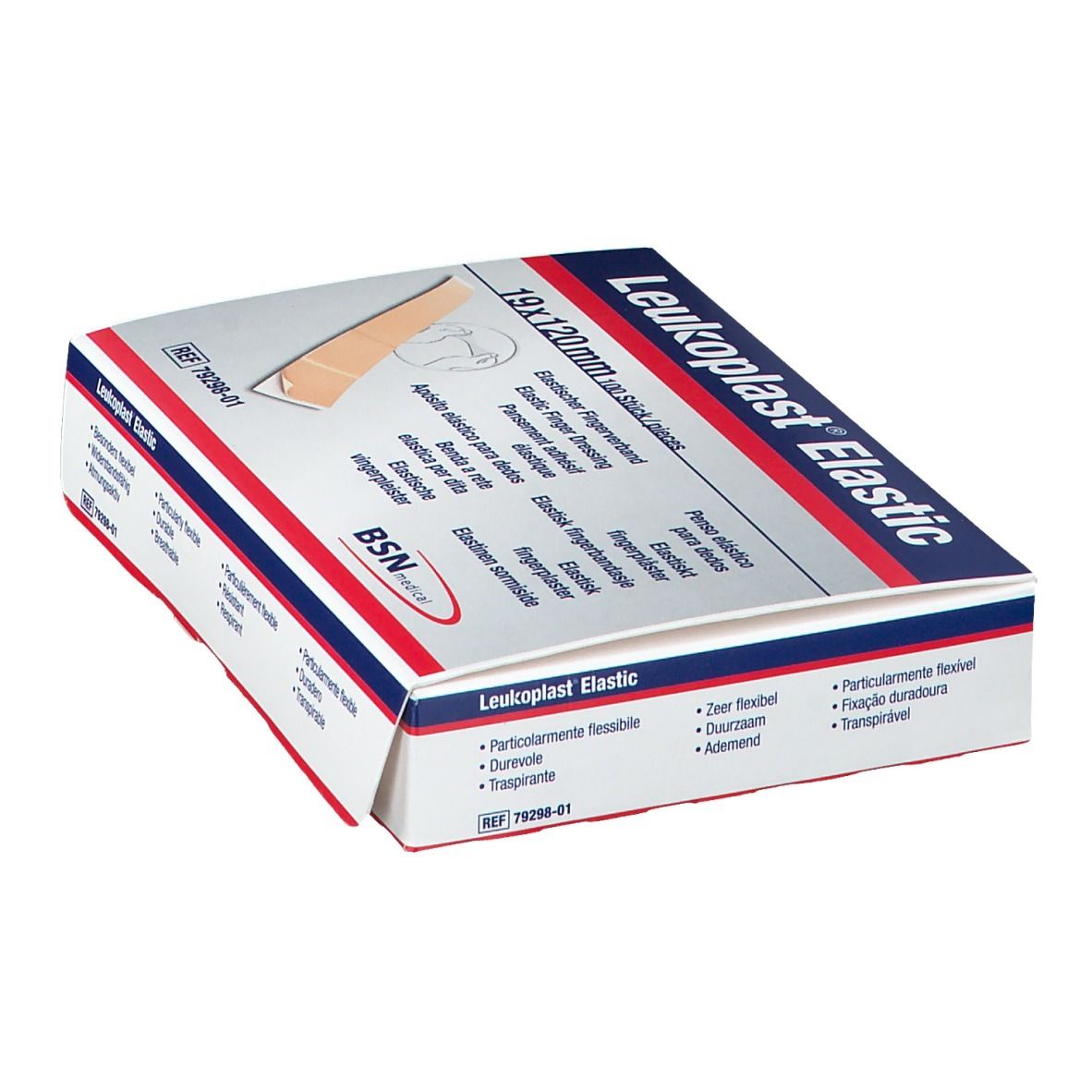 Doos Leukoplast Elastic, 19x120mm, 100 stuks. BSN medical logo. Eigenschappen: bijzonder flexibel, duurzaam, ademend.