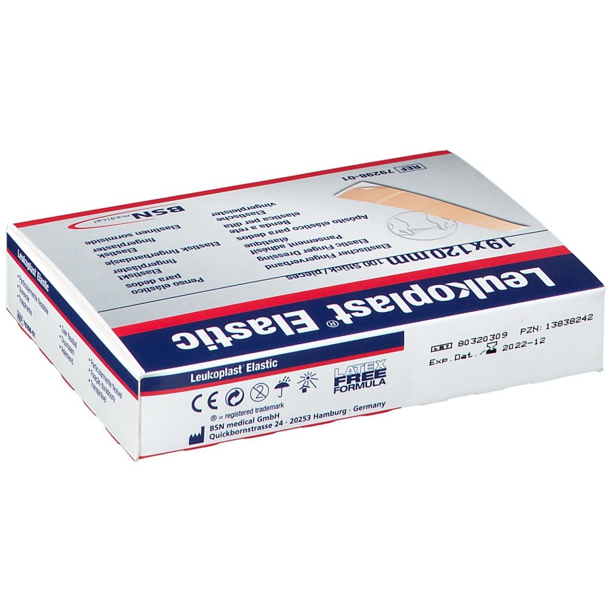 Verpakking Leukoplast Elastic, 19x120mm, 100 stuks. BSN medical logo. Latexvrije formule. CE-markering. Houdbaar tot 2022-12.