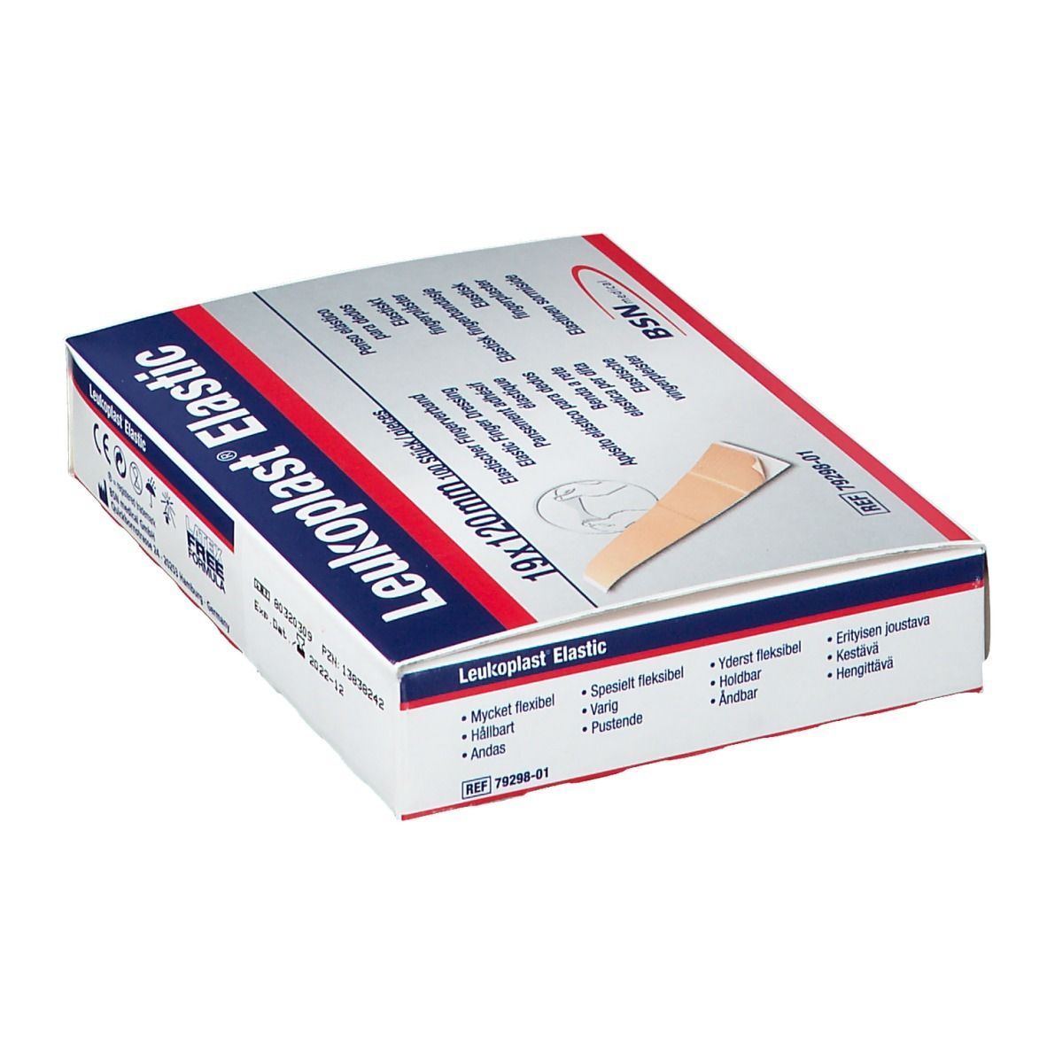 Doos Leukoplast Elastic, 19x120mm, 100 stuks. BSN medical logo. Eigenschappen: bijzonder flexibel, duurzaam, ademend.