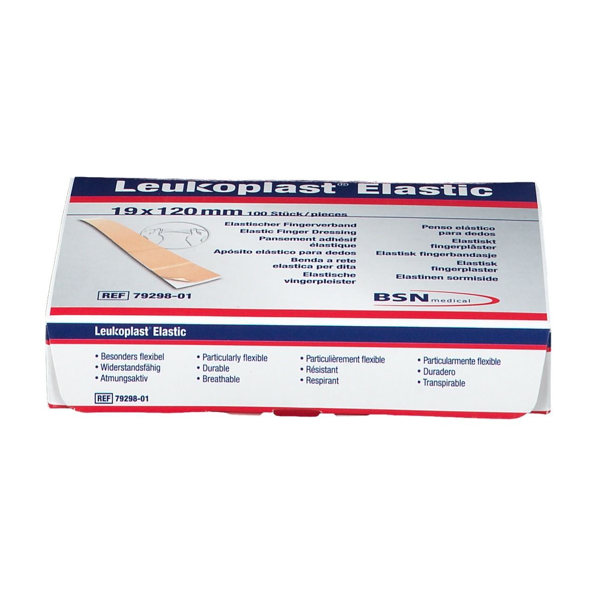 Verpakking Leukoplast Elastic, 19x120mm, 100 stuks. BSN medical logo. Eigenschappen: bijzonder flexibel, duurzaam, ademend.