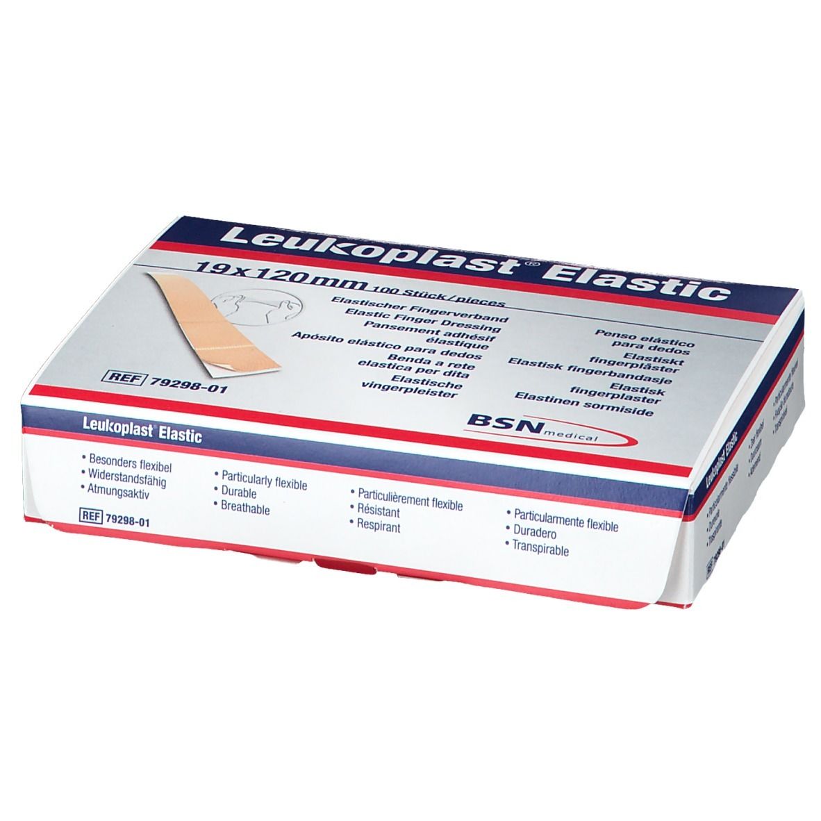 Verpakking Leukoplast Elastic, 19x120mm, 100 stuks. BSN medical logo. Eigenschappen: bijzonder flexibel, duurzaam, ademend.
