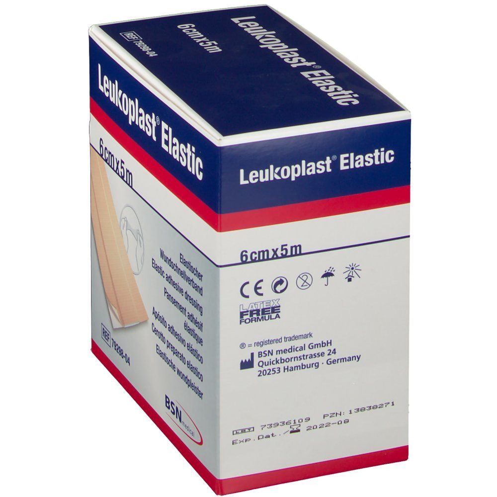 Emballage de Leukoplast Elastic. Inscription: 6 cm x 5 m. Avec marquage CE et symbole sans latex.