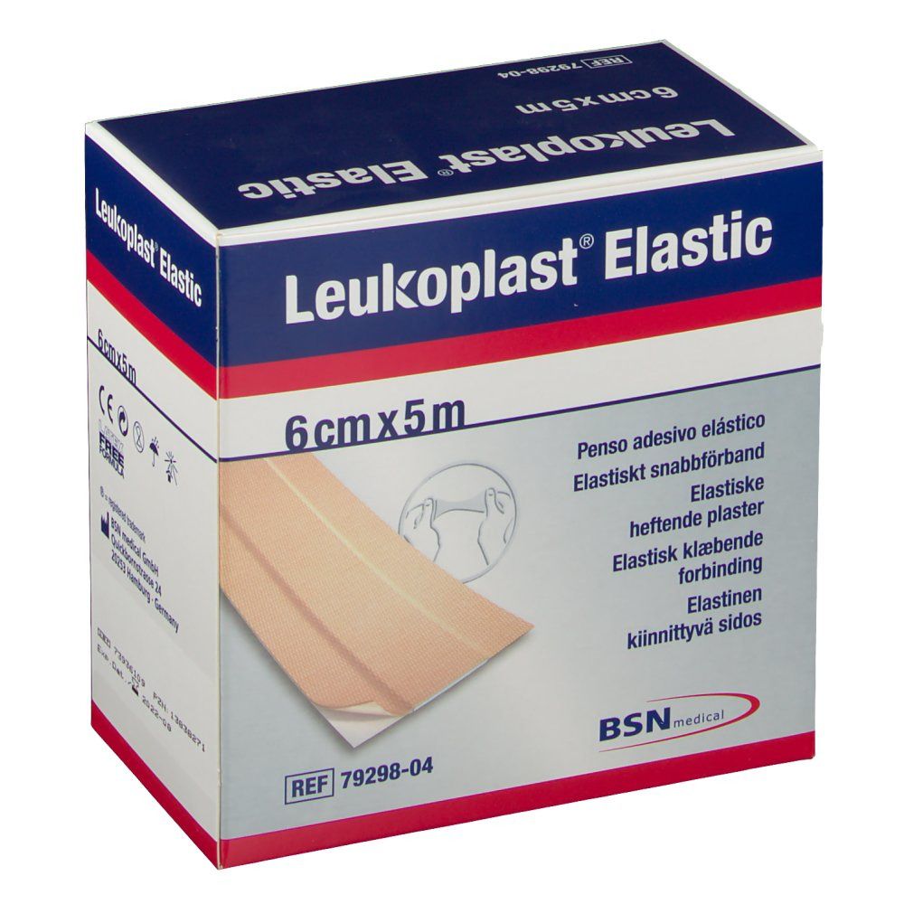 Emballage de Leukoplast Elastic. Inscription: 6 cm x 5 m. Désignations multilingues du produit.