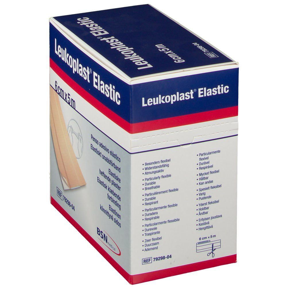 Emballage de Leukoplast Elastic. Inscription: 6 cm x 5 m. Caractéristiques et symboles supplémentaires.