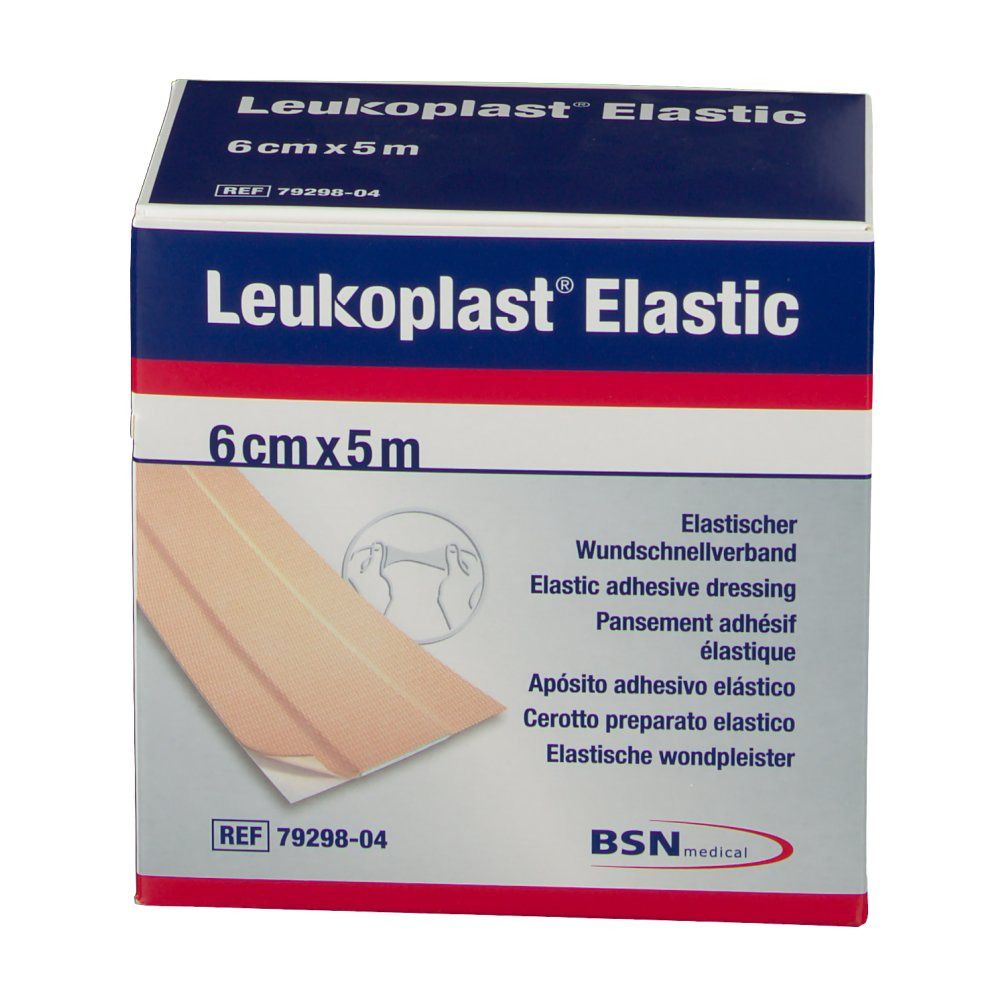 Emballage de Leukoplast Elastic. Inscription: 6 cm x 5 m. Contient un pansement adhésif élastique.