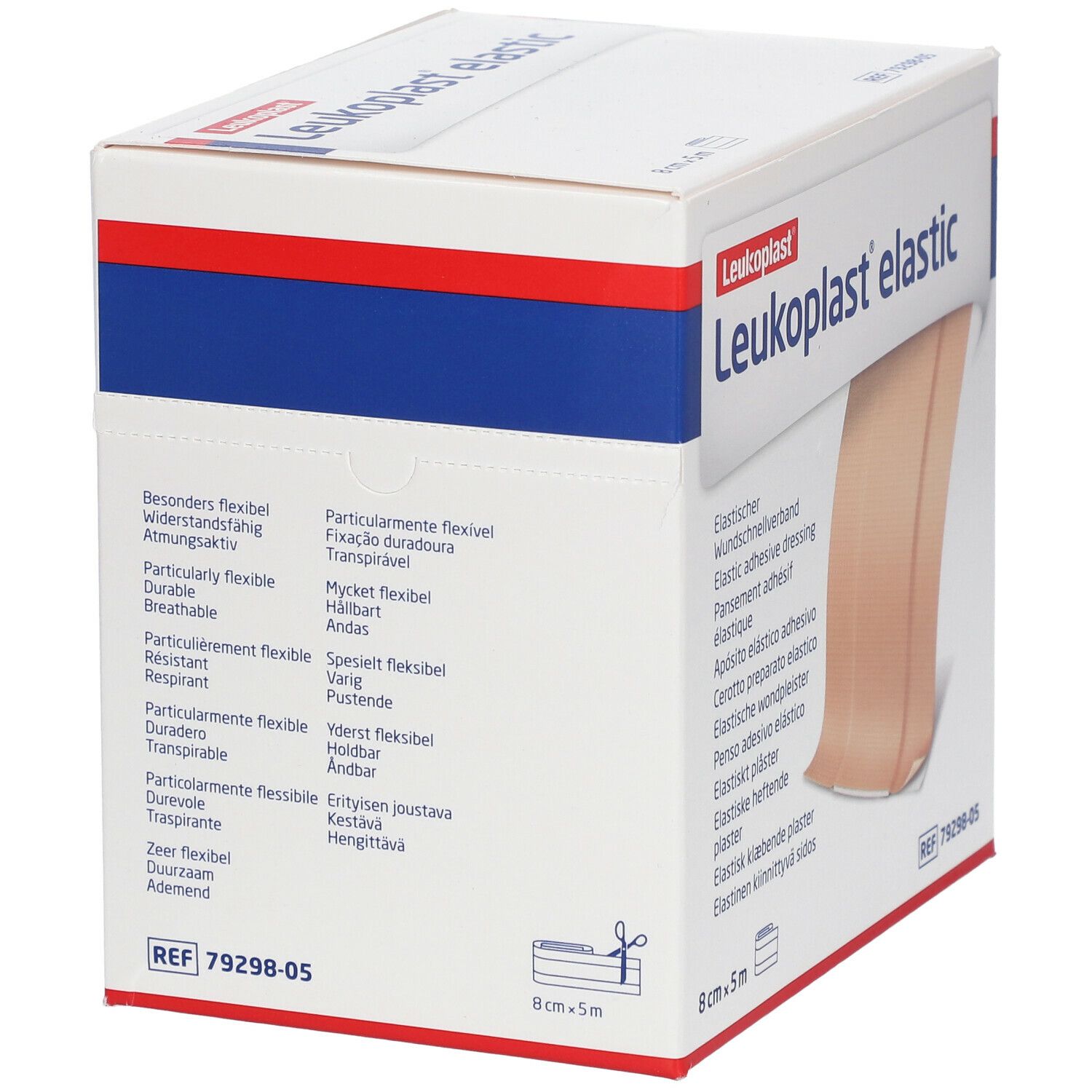 Emballage de Leukoplast® elastic. Caractéristiques : respirant, flexible. Dimensions : 8 cm x 5 m.