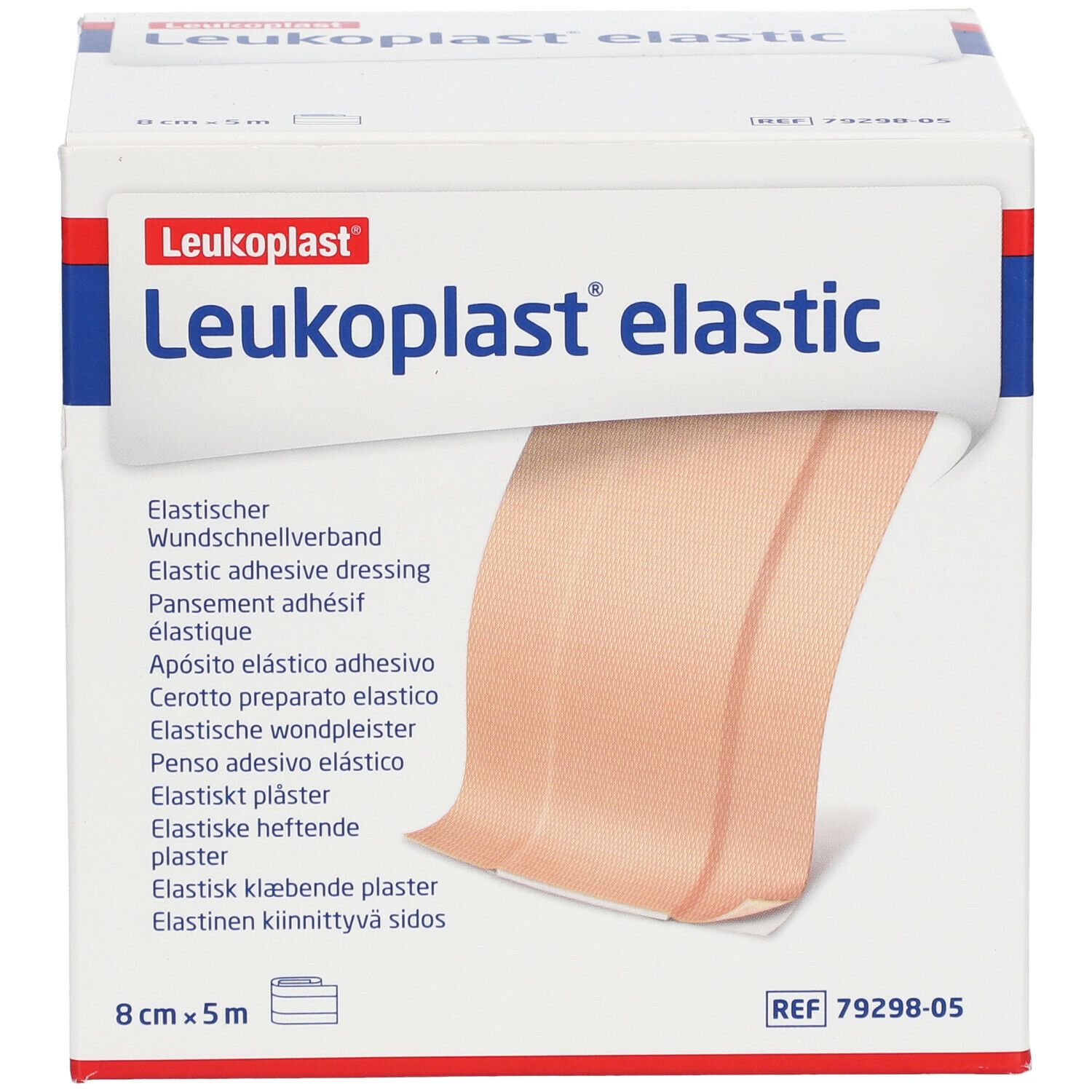 Emballage de Leukoplast® elastic. Le produit est partiellement visible. Dimensions : 8 cm x 5 m.