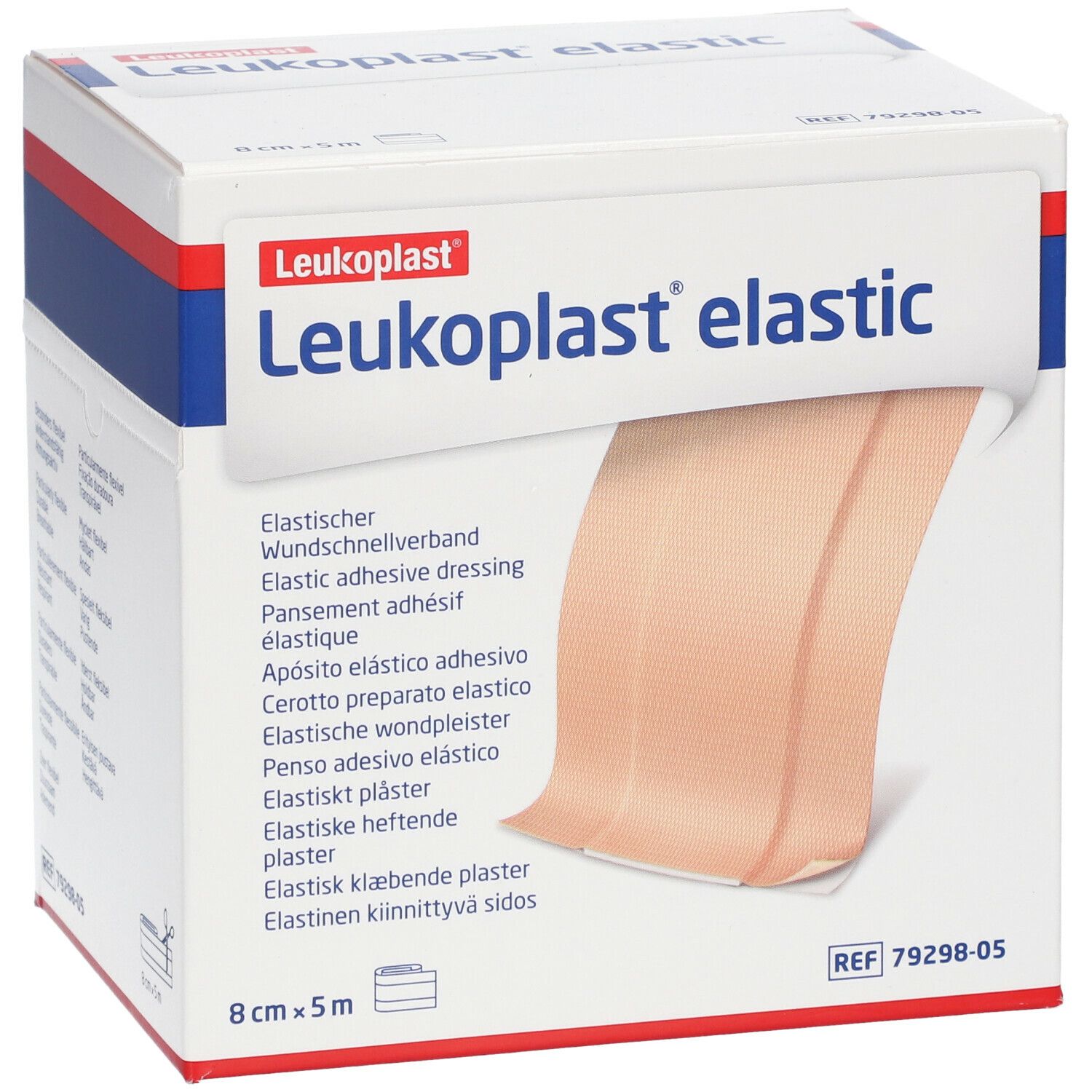 Emballage de Leukoplast® elastic. Le produit est partiellement visible. Dimensions : 8 cm x 5 m.