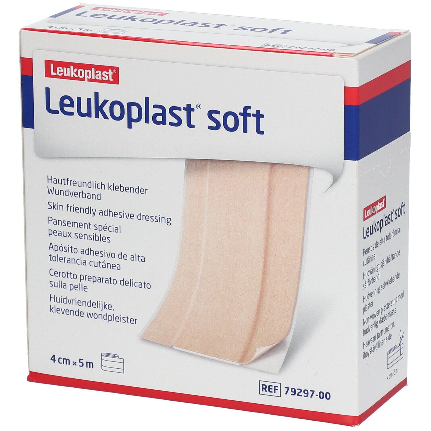 Verpakking van Leukoplast® soft. Een stuk verband is zichtbaar. Afmetingen: 4 cm x 5 m.