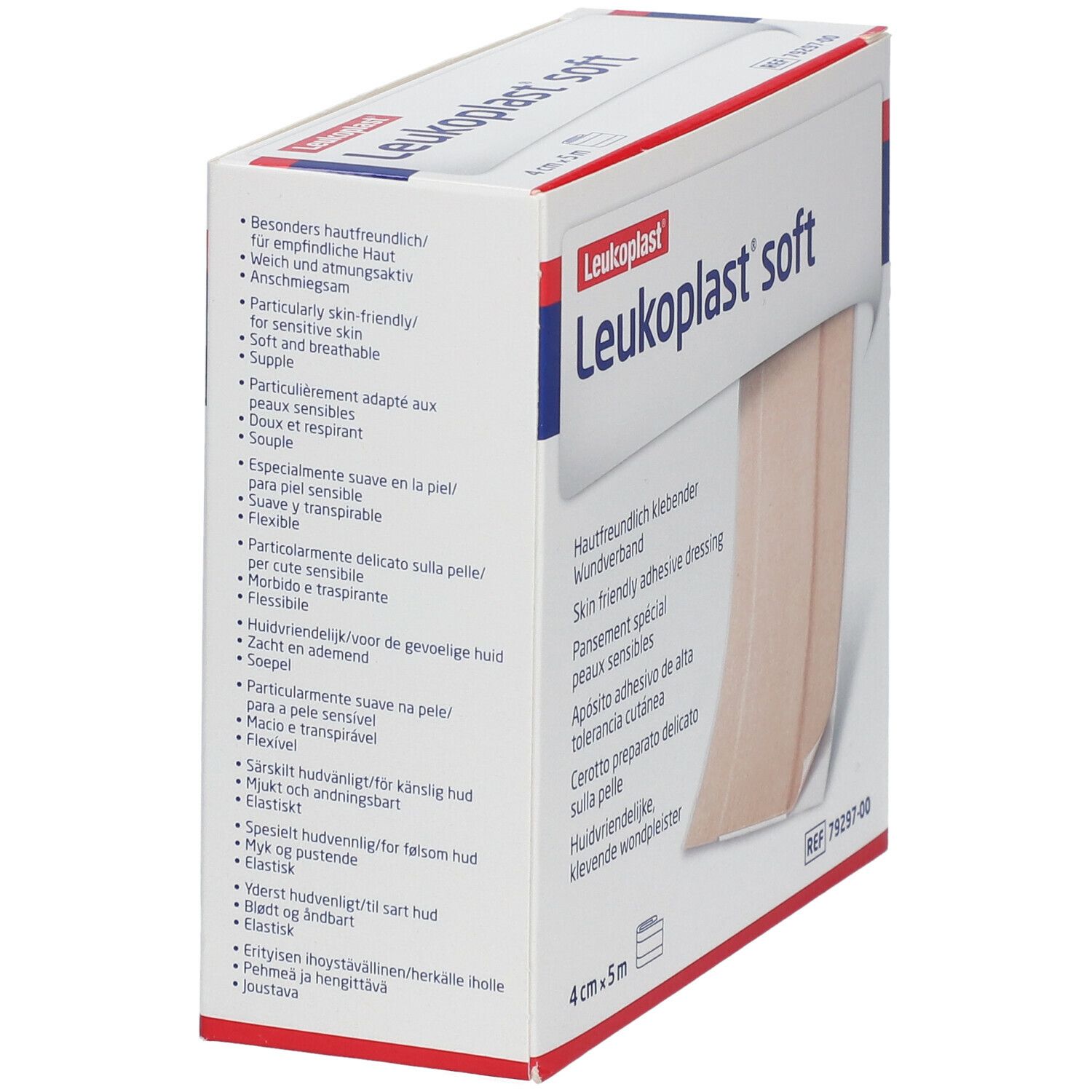 Verpakking van Leukoplast® soft. Een stuk verband is zichtbaar. Afmetingen: 4 cm x 5 m.