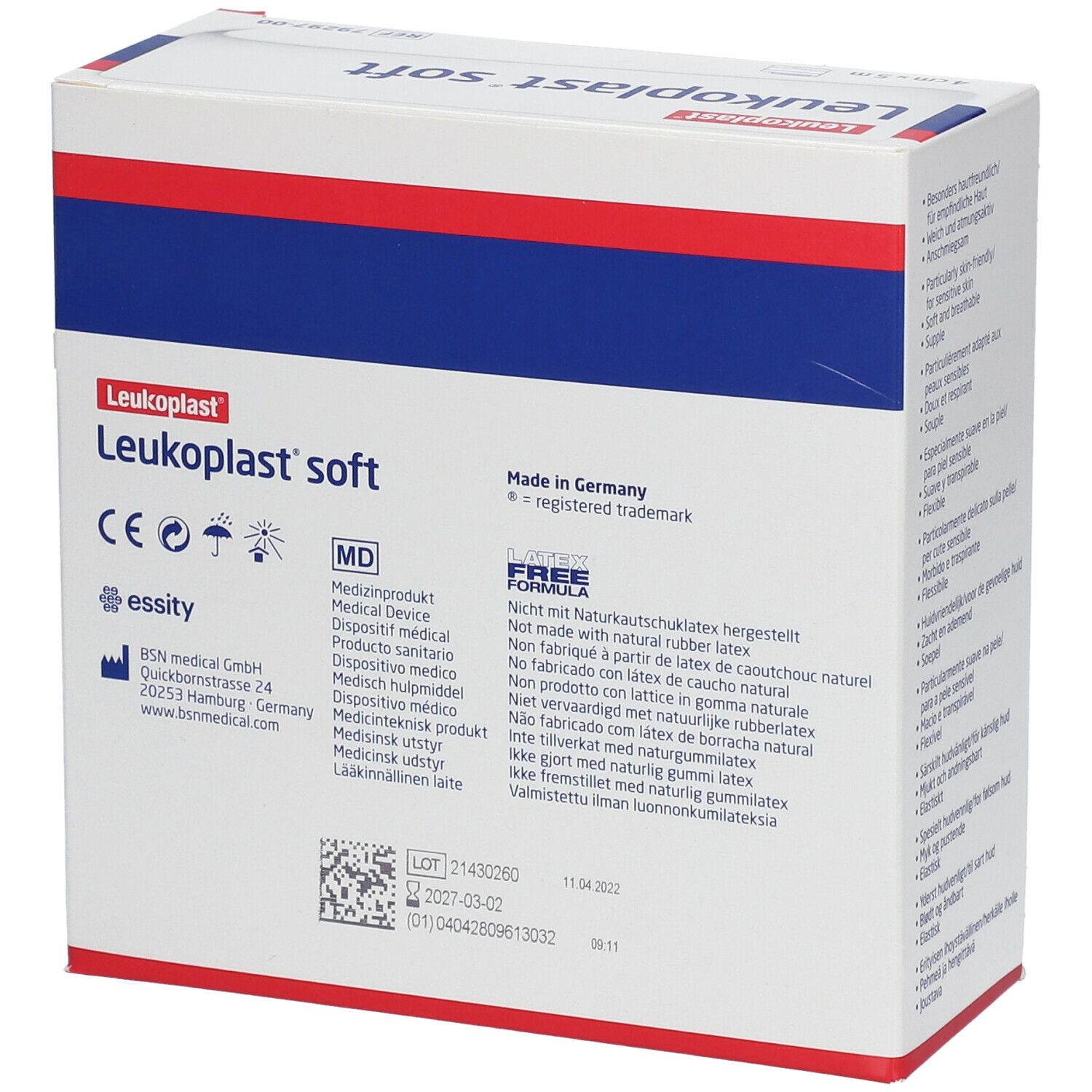 Verpakking van Leukoplast® soft. Informatie en logo's zichtbaar. Gemaakt in Duitsland.