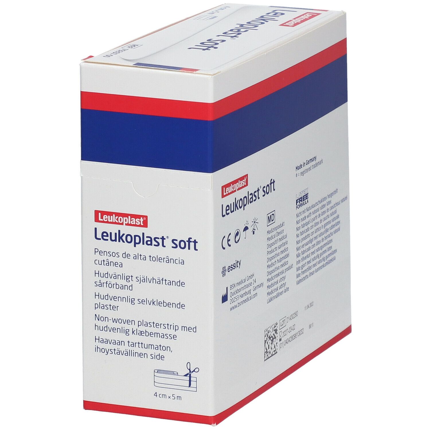 Verpakking van Leukoplast® soft. Informatie en logo's zichtbaar. Afmetingen: 4 cm x 5 m.