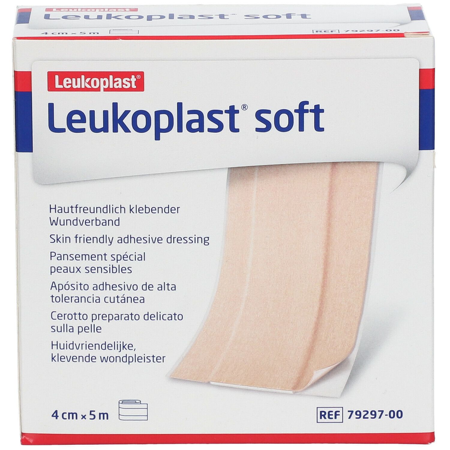 Verpakking van Leukoplast® soft. Een stuk verband is zichtbaar. Afmetingen: 4 cm x 5 m.