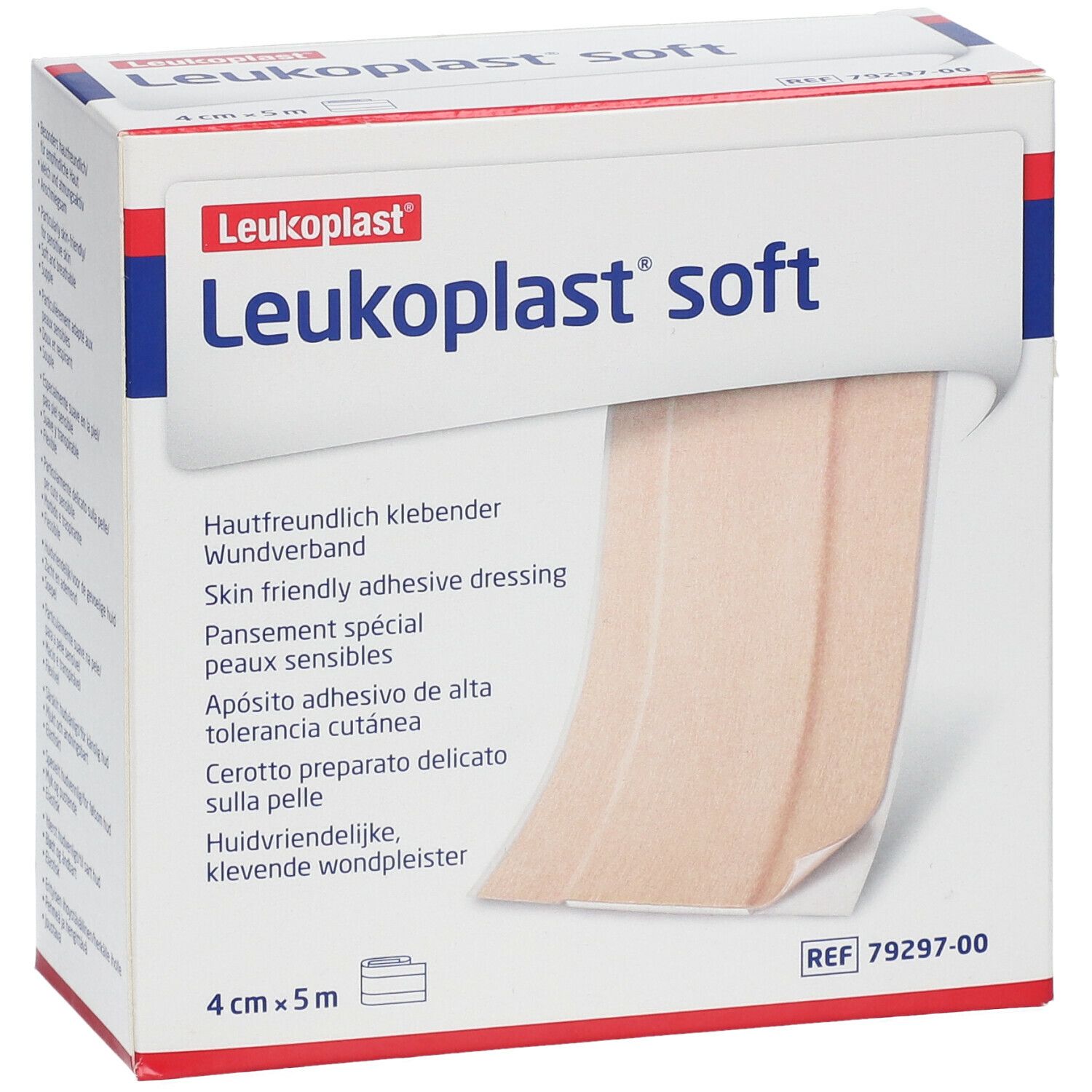 Verpakking van Leukoplast® soft. Een stuk verband is zichtbaar. Afmetingen: 4 cm x 5 m.