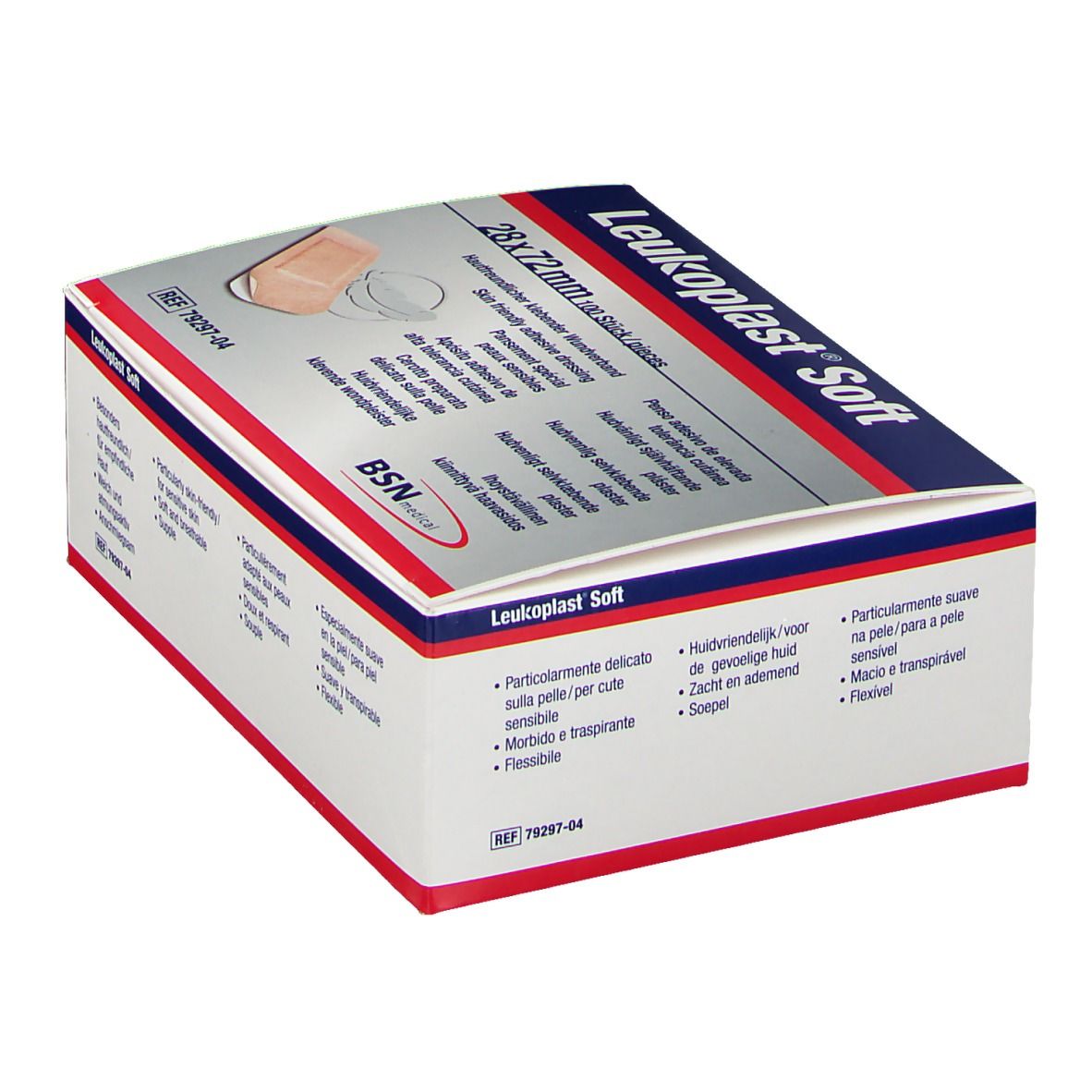Verpackung von Leukoplast® Soft, 28x72mm. BSN medical Logo. Aufschrift: Besonders hautfreundlich für empfindliche Haut.