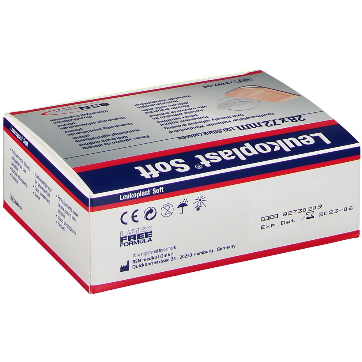 Verpackung von Leukoplast® Soft, 28x72mm. BSN medical Logo. CE-Kennzeichnung. Latex-frei. Haltbarkeitsdatum: 2023-06.