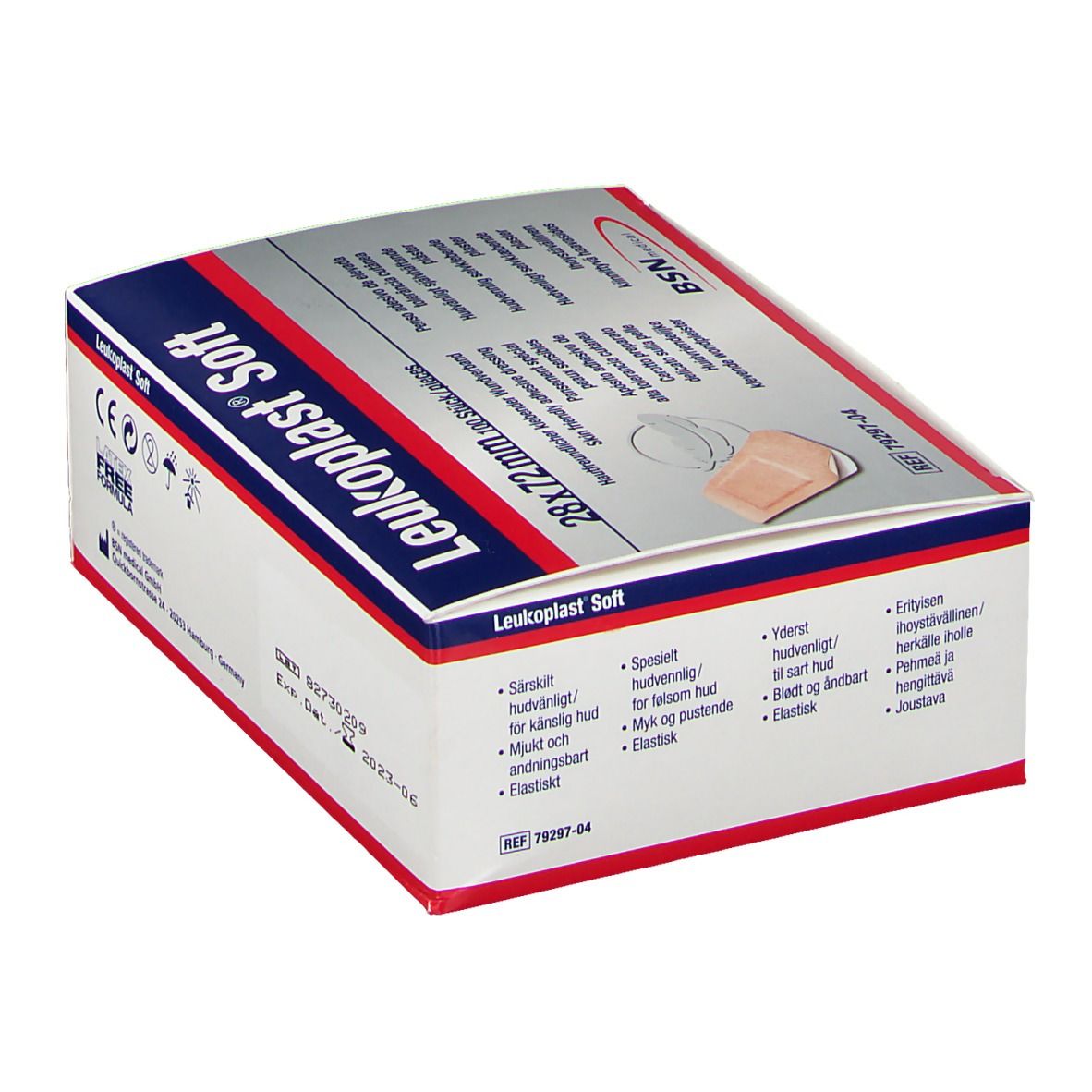 Verpackung von Leukoplast® Soft, 28x72mm. BSN medical Logo. Aufschrift: Besonders hautfreundlich für empfindliche Haut.