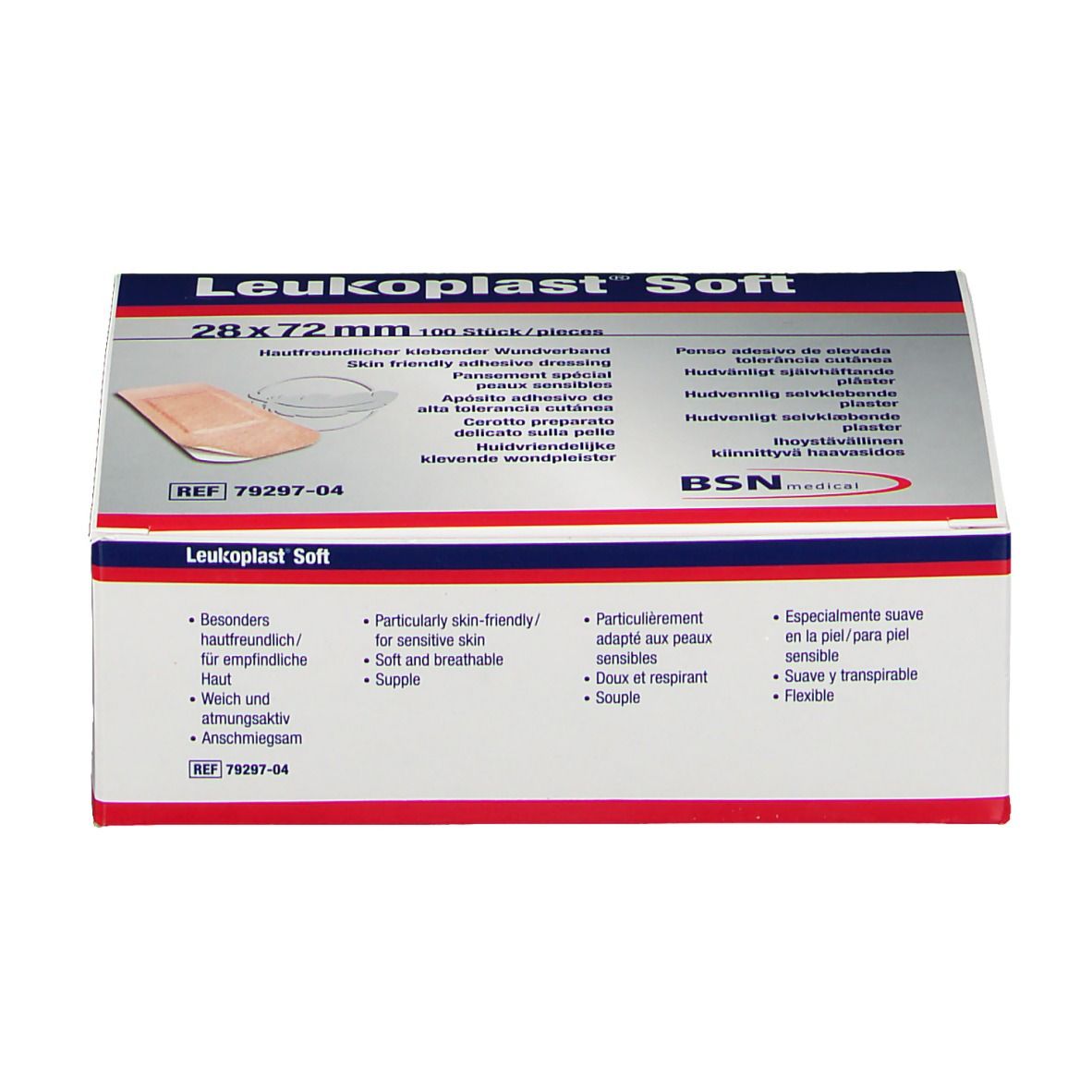 Verpackung von Leukoplast® Soft, 28x72mm, 100 Stück. BSN medical Logo. Aufschrift: Besonders hautfreundlich für empfindliche Haut.