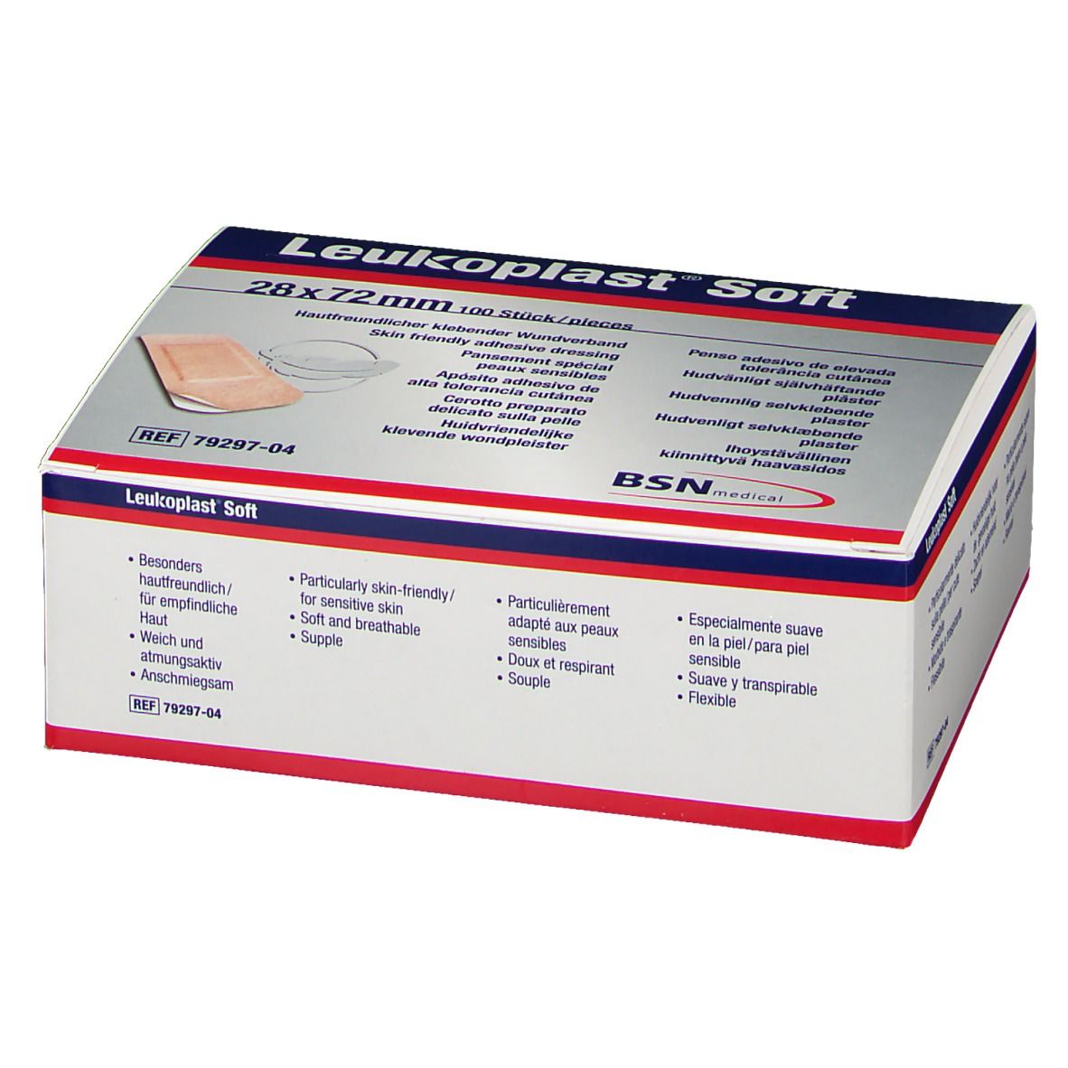 Verpackung von Leukoplast® Soft, 28x72mm, 100 Stück. BSN medical Logo. Aufschrift: Besonders hautfreundlich für empfindliche Haut.